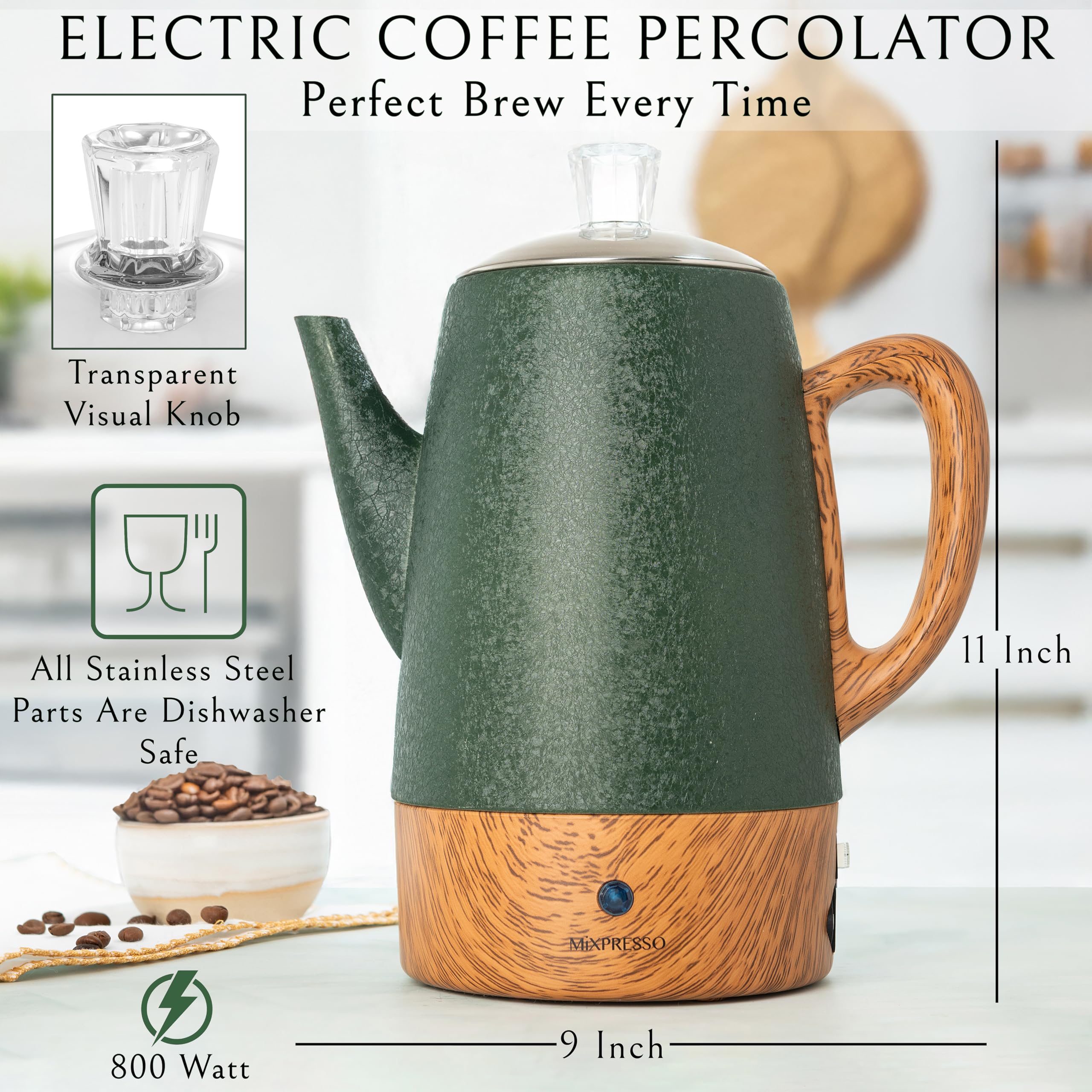 Mixpresso 10-Cup Electric Coffee Percolator with Keep Warm Function - Stainless Steel Coffee Maker with Basket for Home, Office & Camping (Shiny Green)