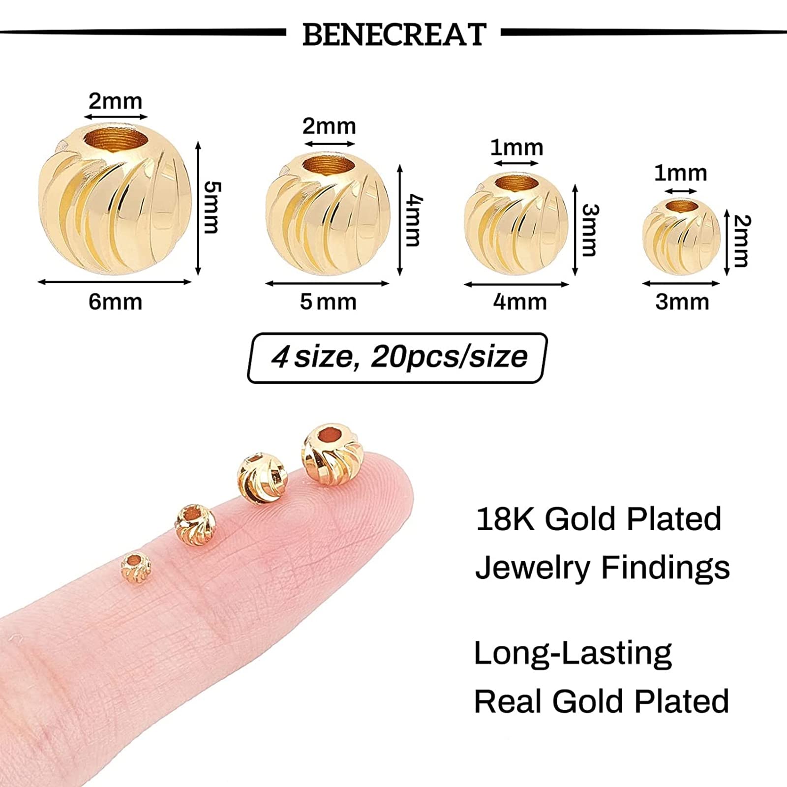 BENECREAT 80pcs 18K Gold Plated Spacer Beads - 4 Sizes Round Metal Beads for DIY Jewelry Making, Necklaces & Bracelets - Perfect for Crafting, Gifts and Fashion Accessories