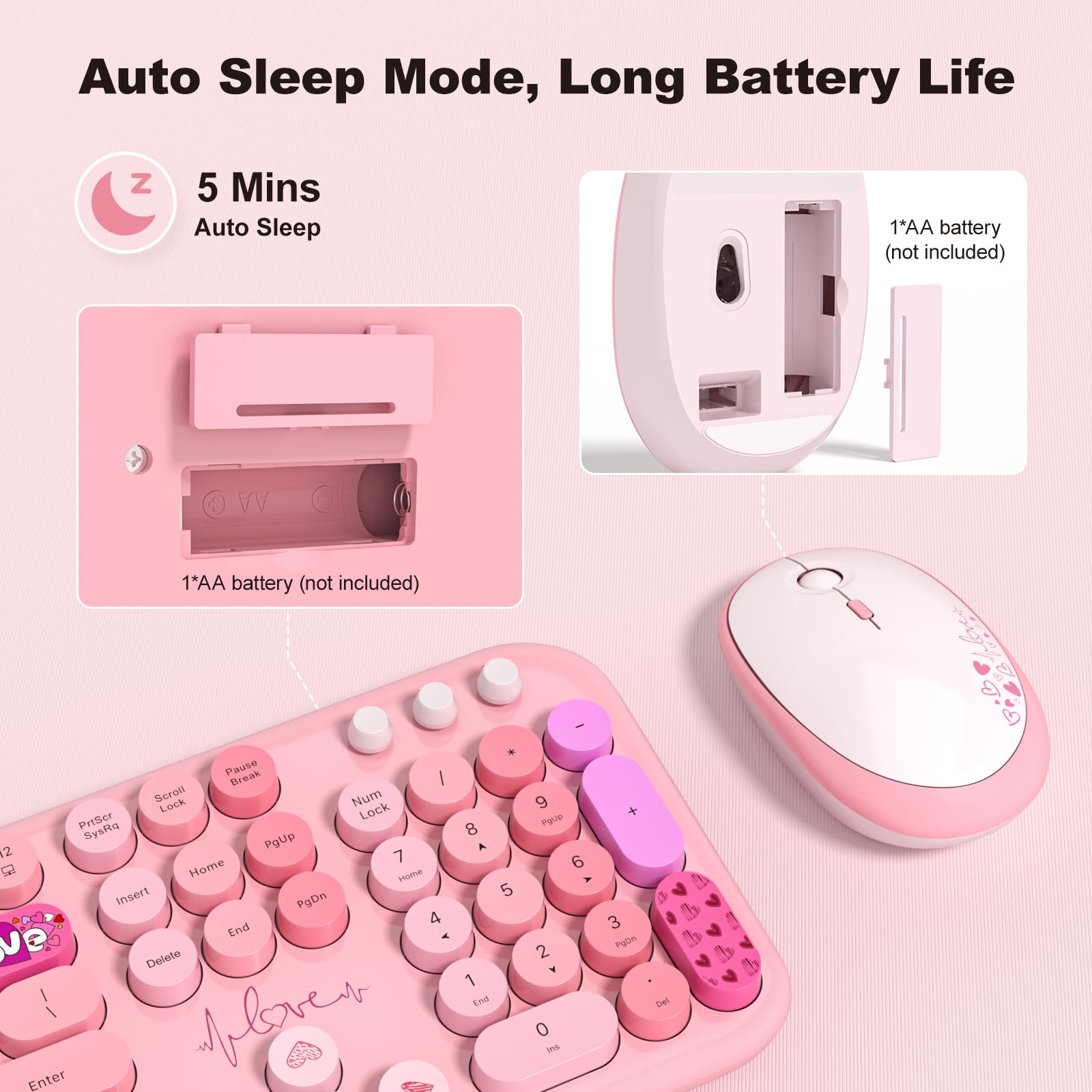 MOFII Wireless Keyboard Mouse Combo - Retro Typewriter Style for PC Laptop (Pink) - Perfect for Office & Home Use