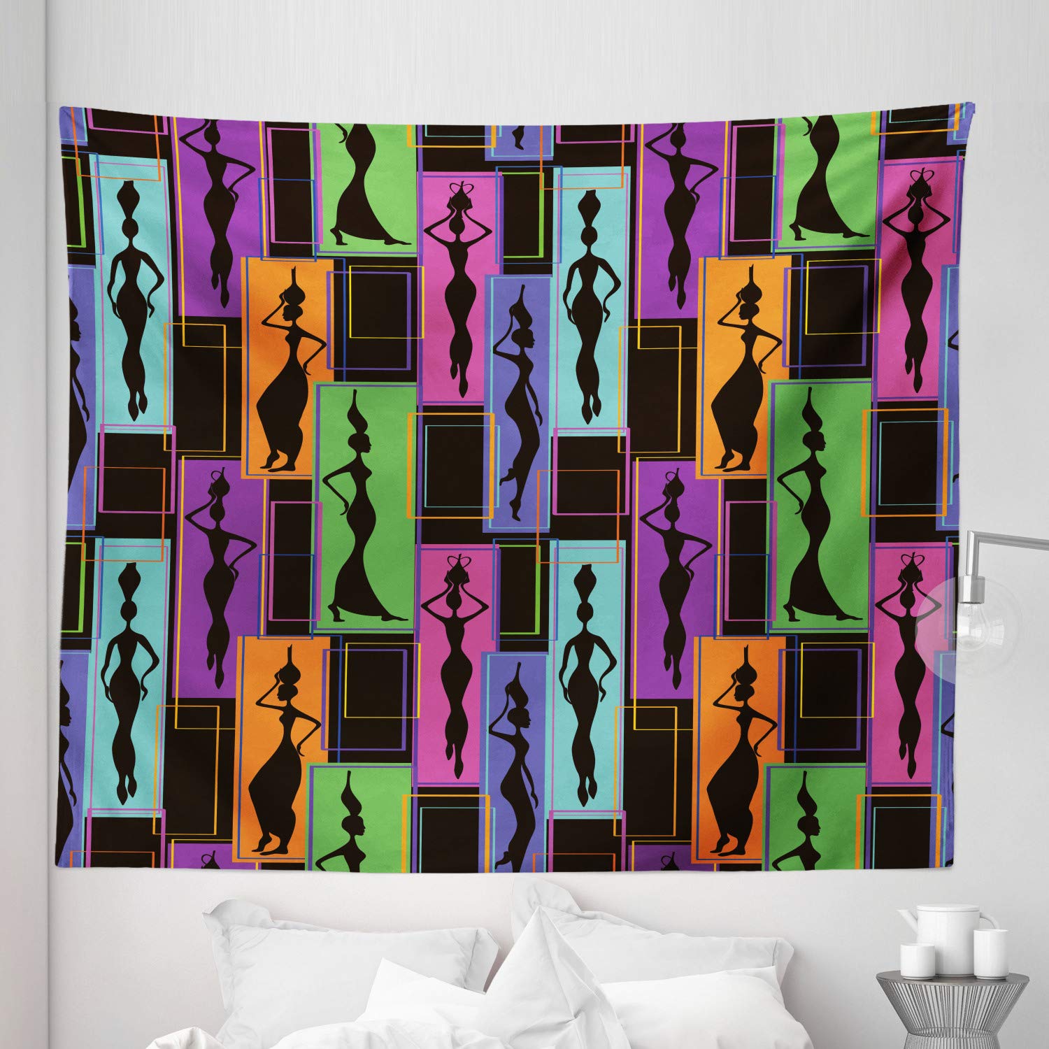 Ambesonne African Tapestry King Size - Colorful Abstract Geometric Wall Hanging with Women Carrying Vases Design, 104