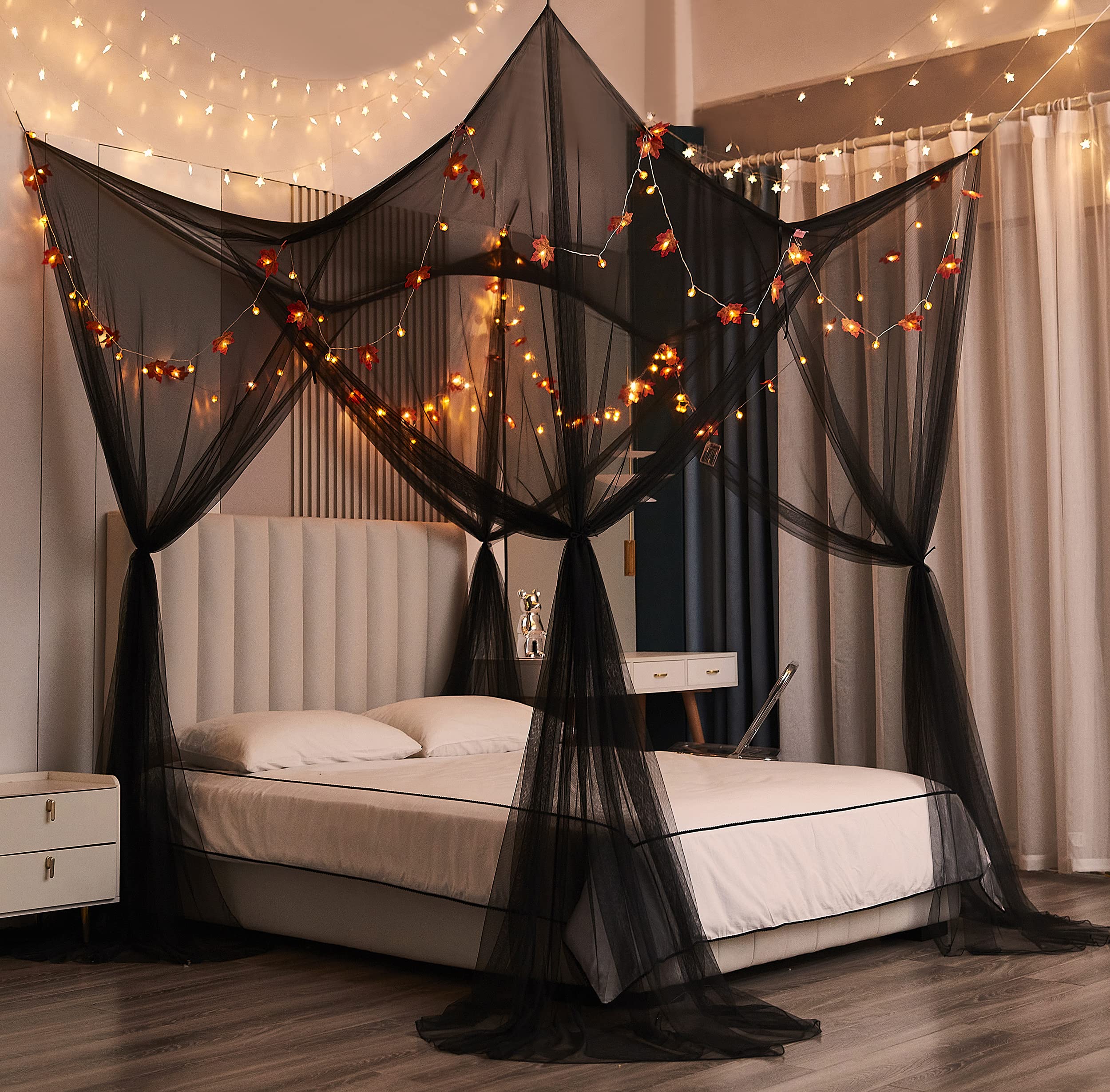 Maple Leaf Pumpkin Bed Canopy Curtains with Lights - Halloween Decor for Twin, Full, Queen & King Size Beds | Black Mengersi Canopy for Spooky Bedroom Decor, Party & Seasonal Home Decoration
