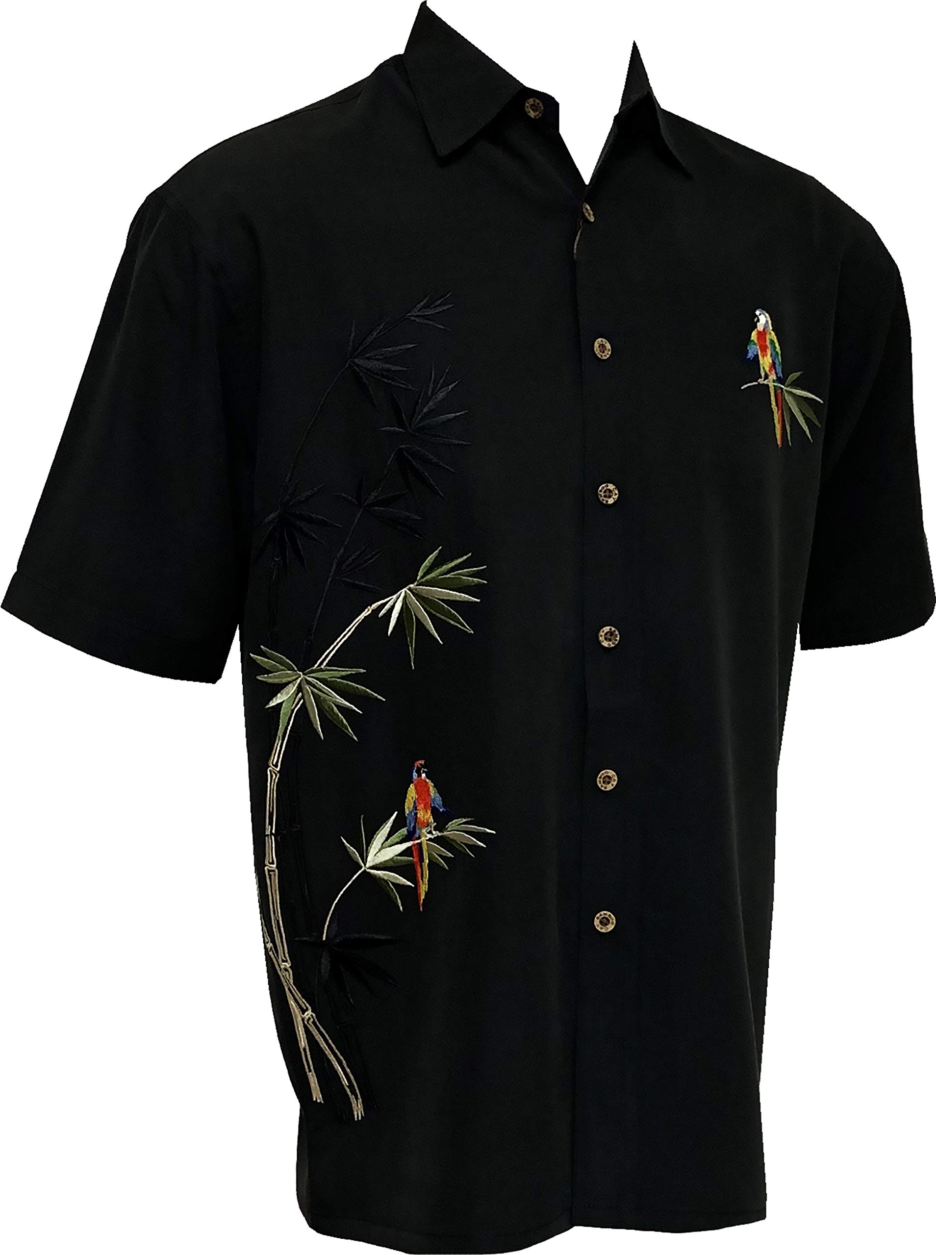 Men's Tropical Hawaiian Button Down Shirt - Short Sleeve Embroidered Flying Parrots Design | Breathable Bamboo Rayon | Beach Vacation, Summer Party & Casual Wear