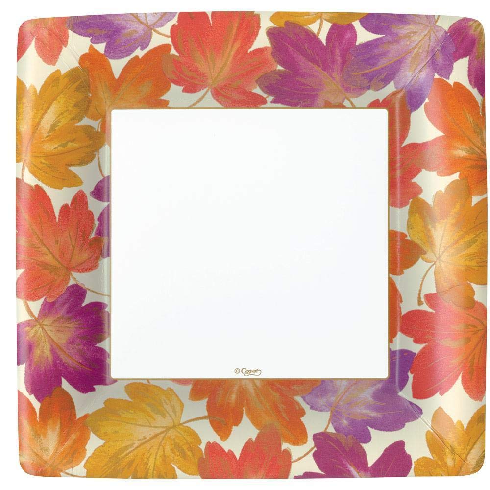 Caspari Ivory Fallen Leaves Square Paper Dinner Plates - 16 Count, Elegant Disposable Plates for Autumn Parties, Thanksgiving Dinner, and Seasonal Decorations