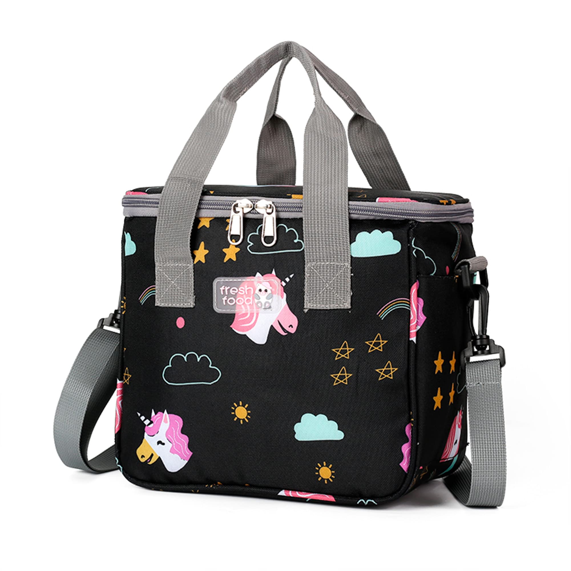 OSVINO Leak-Proof Insulated Lunch Bag for Women & Girls - 10L Thermal Unicorn Cooler Tote with Adjustable Shoulder Strap, Waterproof for School, Office, Picnic, Beach, Travel & Outdoor Activities - Black