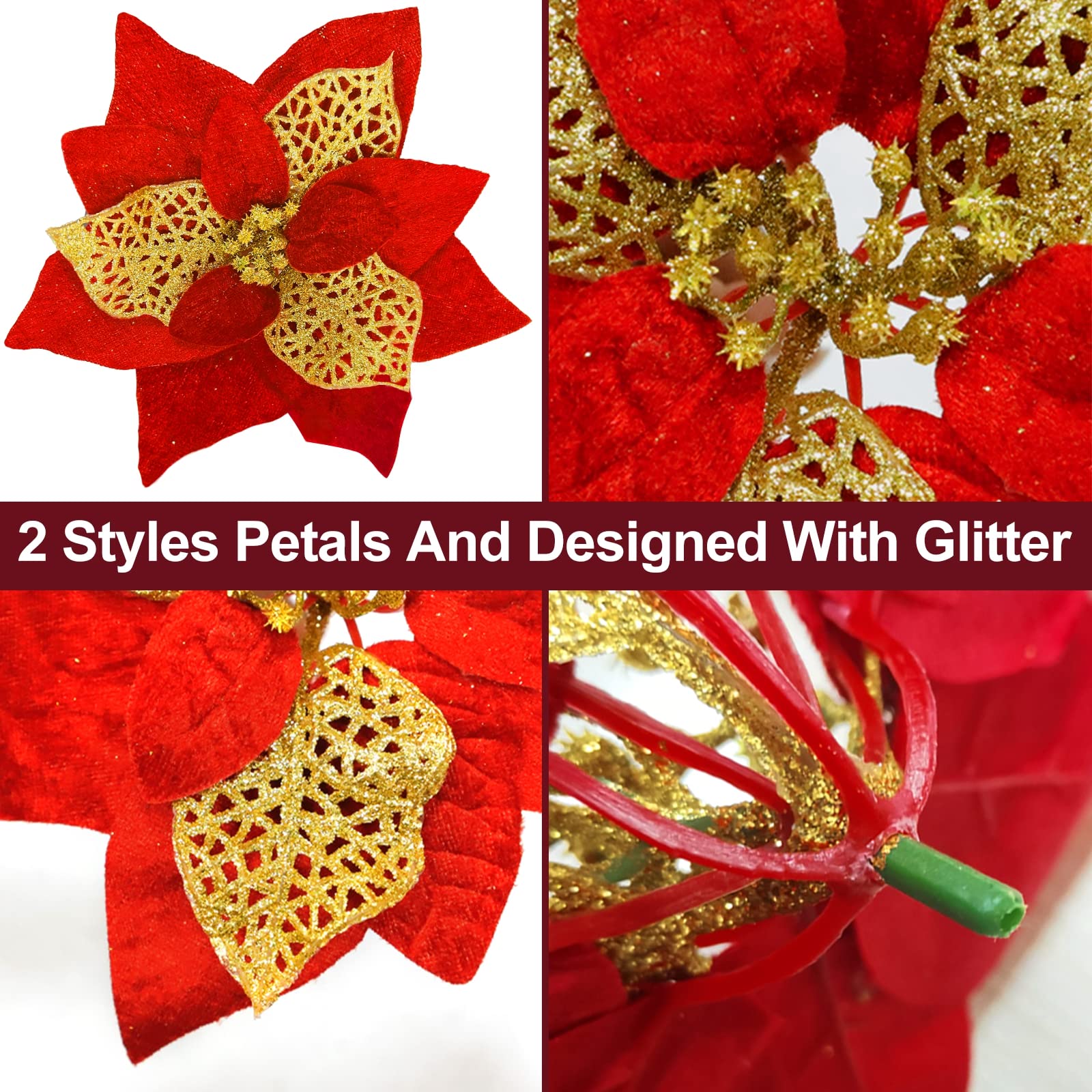 12 Pack 8.7 Inch Large Christmas Glitter Red Poinsettia Artificial Silk Flowers - Festive Tree Picks & Holiday Decor for Christmas Trees, Wreaths, Garlands, Centerpieces and Mantel Decorations (Red)