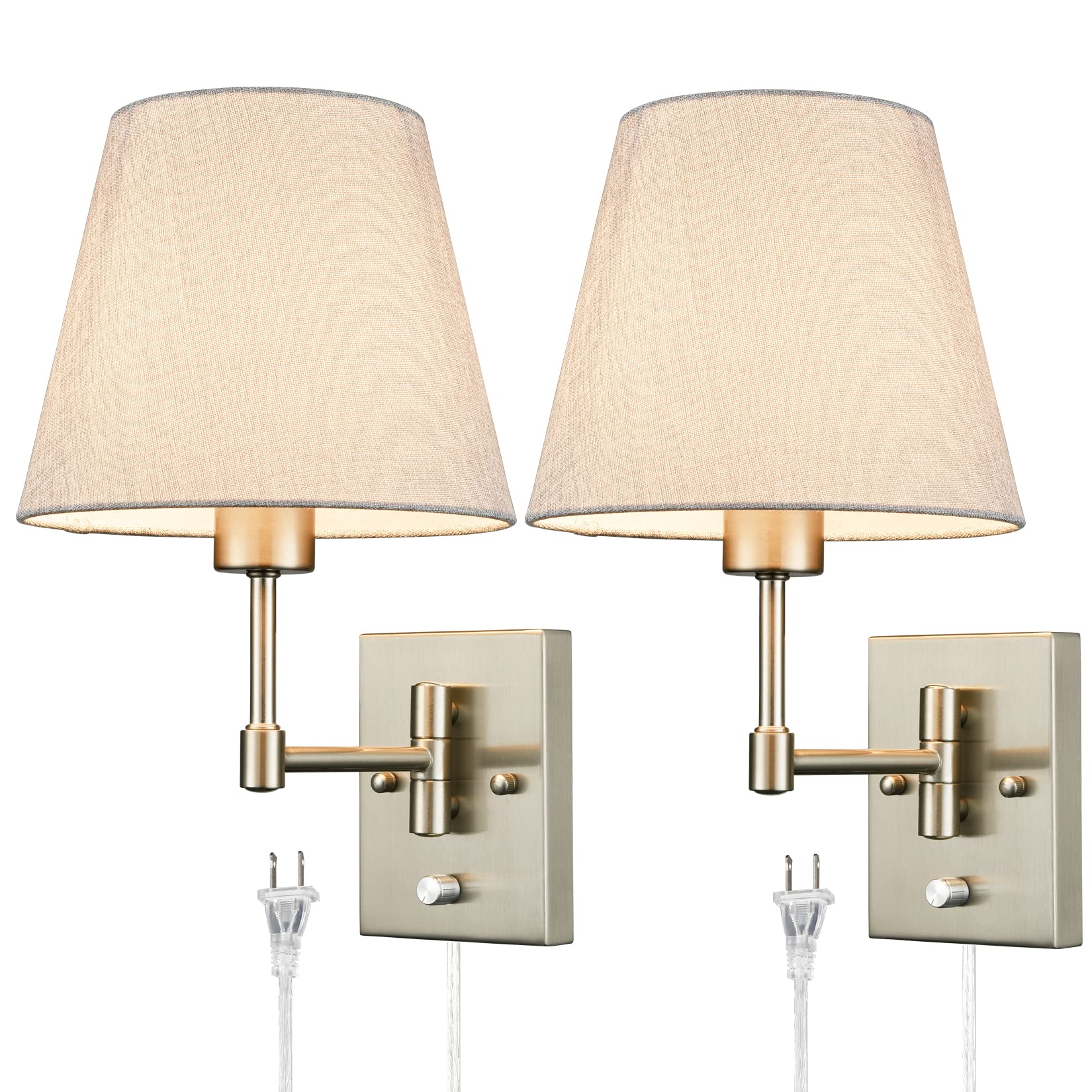 Plug-in Swing Arm Wall Sconce Set of 2 - Brushed Nickel Wall Lamp with Grey Fabric Shade & On/Off Switch for Bedroom, Living Room, Hallway - Perfect for Reading Nook, Nightstand Lighting & Home Decor