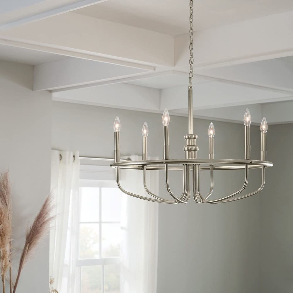 6-Light Modern Minimalist Chandelier - Brushed Nickel Finish - Perfect for Dining Room, Living Room or Bedroom Lighting