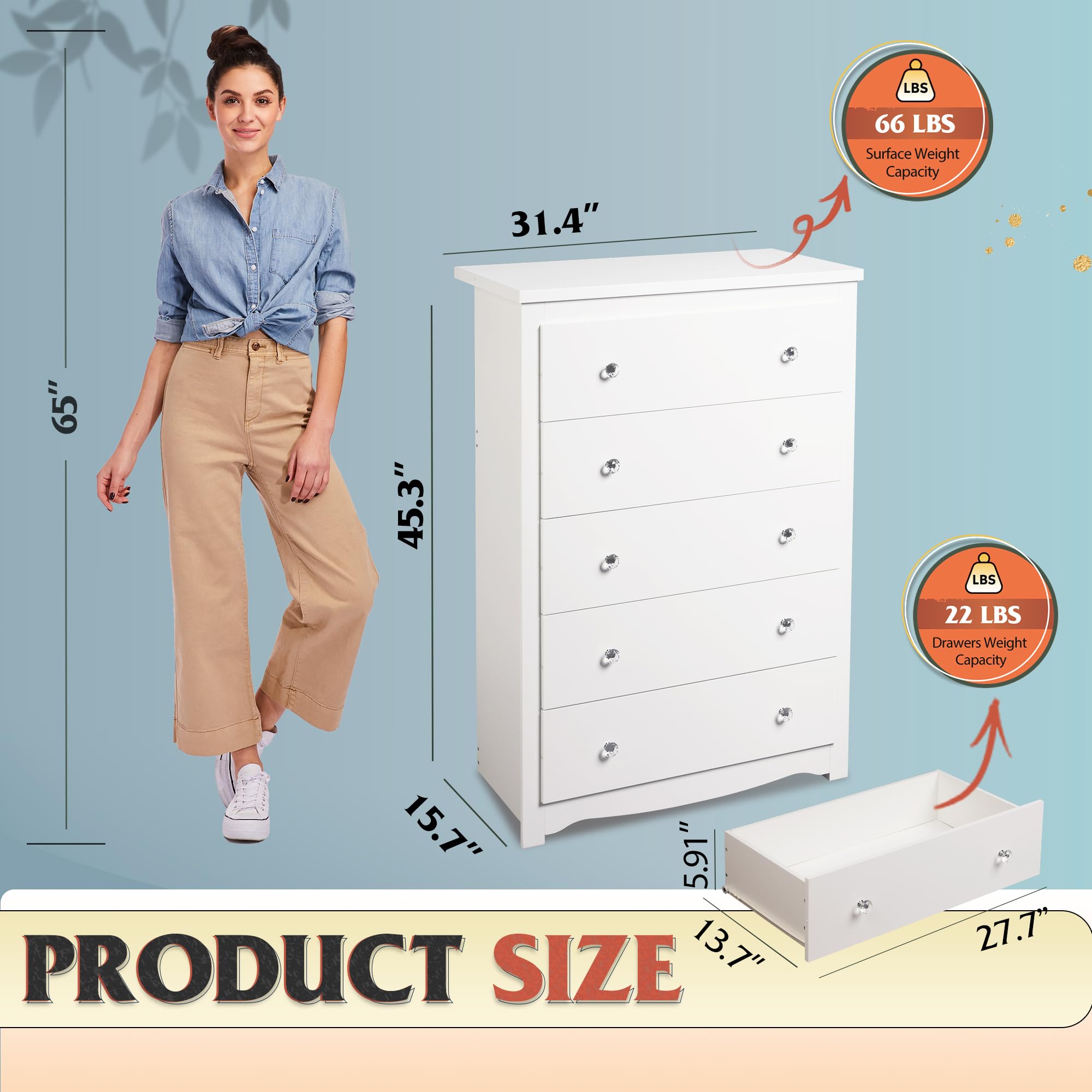 WLIVE White Wood Dresser with 5 Drawers - Modern Wooden Storage Cabinet for Bedroom, Living Room & Hallway - 15.7