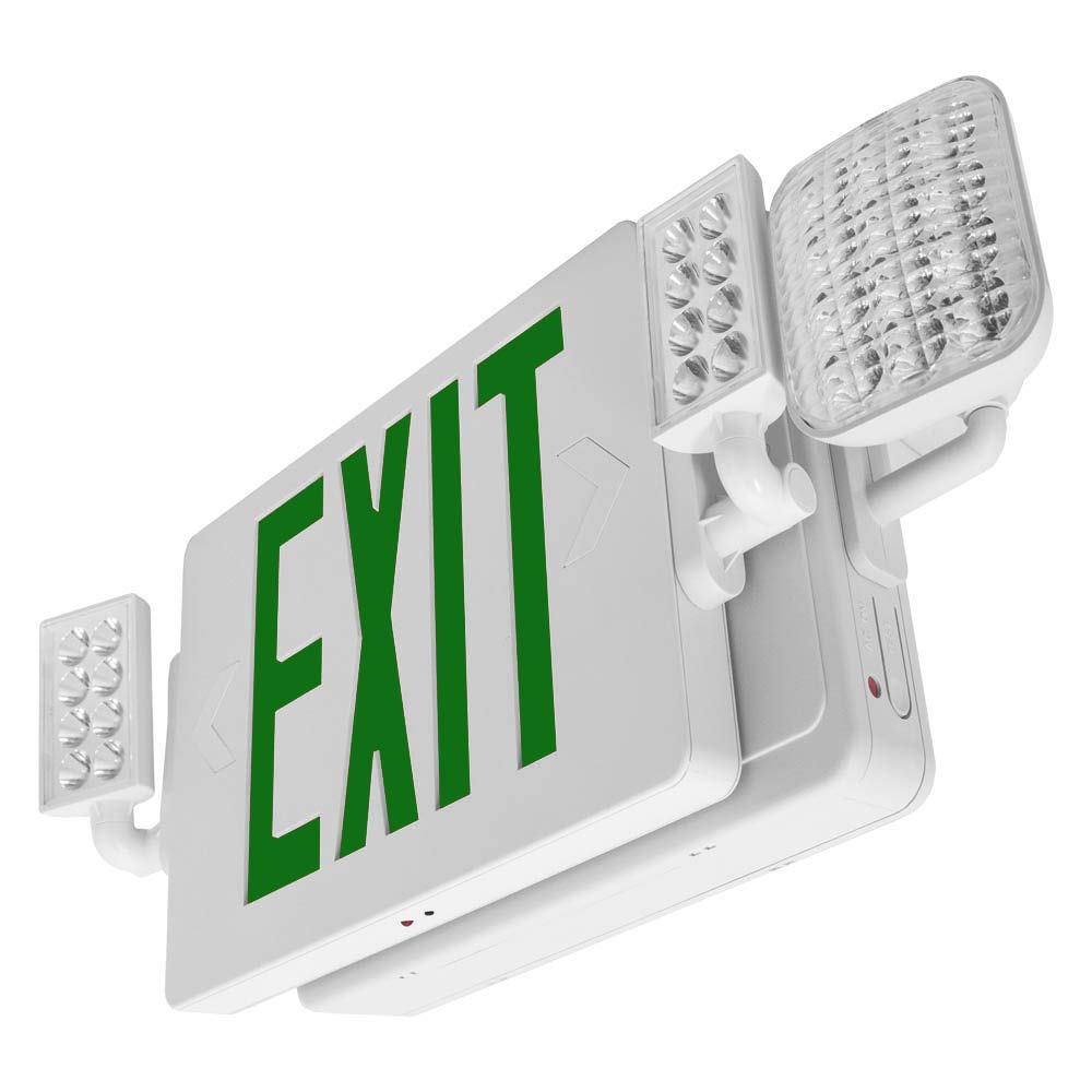 LFI Lights - UL Listed Thin Combo Green LED Exit Sign with Emergency Lights | White Housing | 2 Adjustable Heads | Hardwired with Battery Backup (2 Pack) | Perfect for Offices, Schools & Commercial Buildings