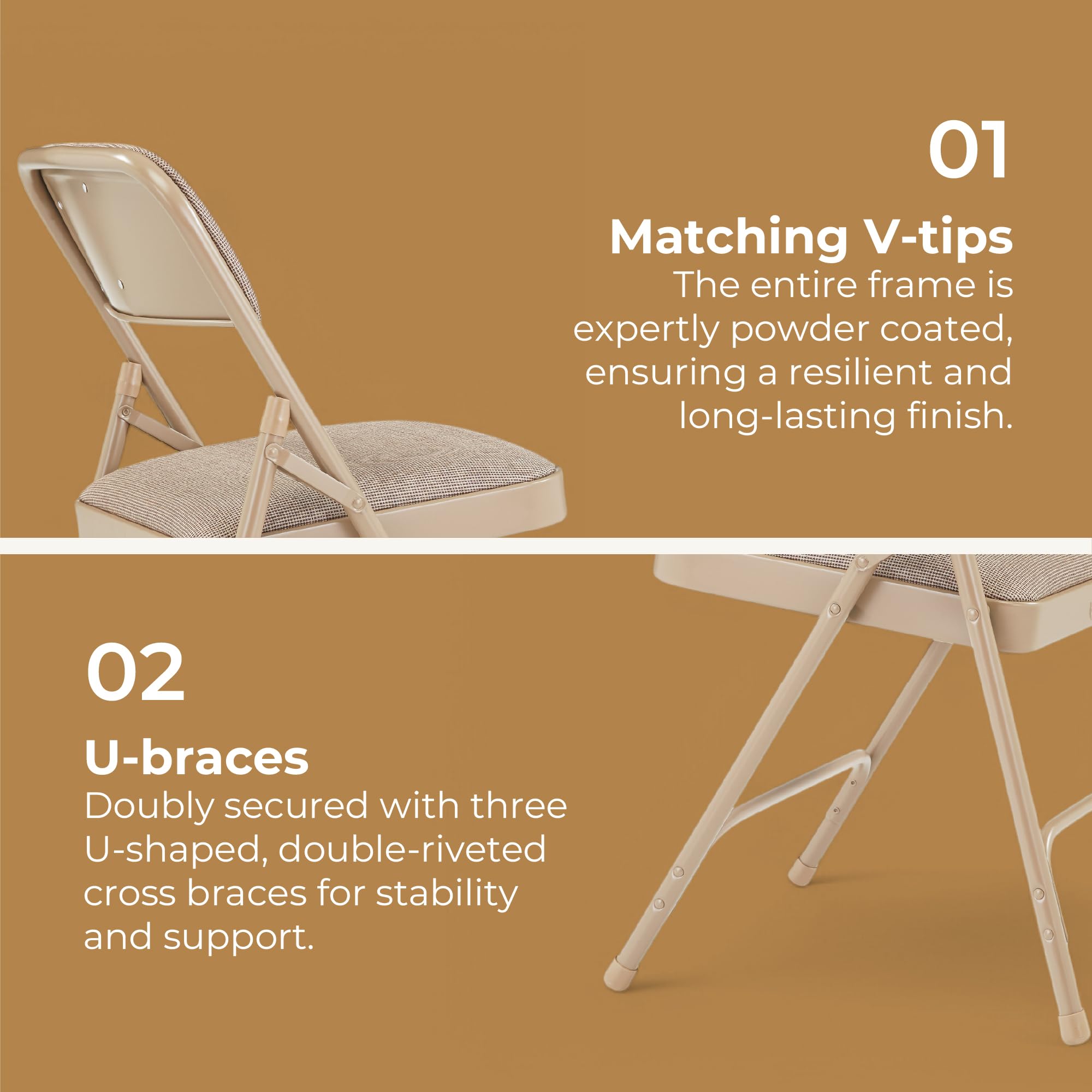 Premium Fabric Upholstered Steel Folding Chairs 4-Pack - Comfortable Beige Stackable Chairs for Weddings, Parties, Events & Home Dining