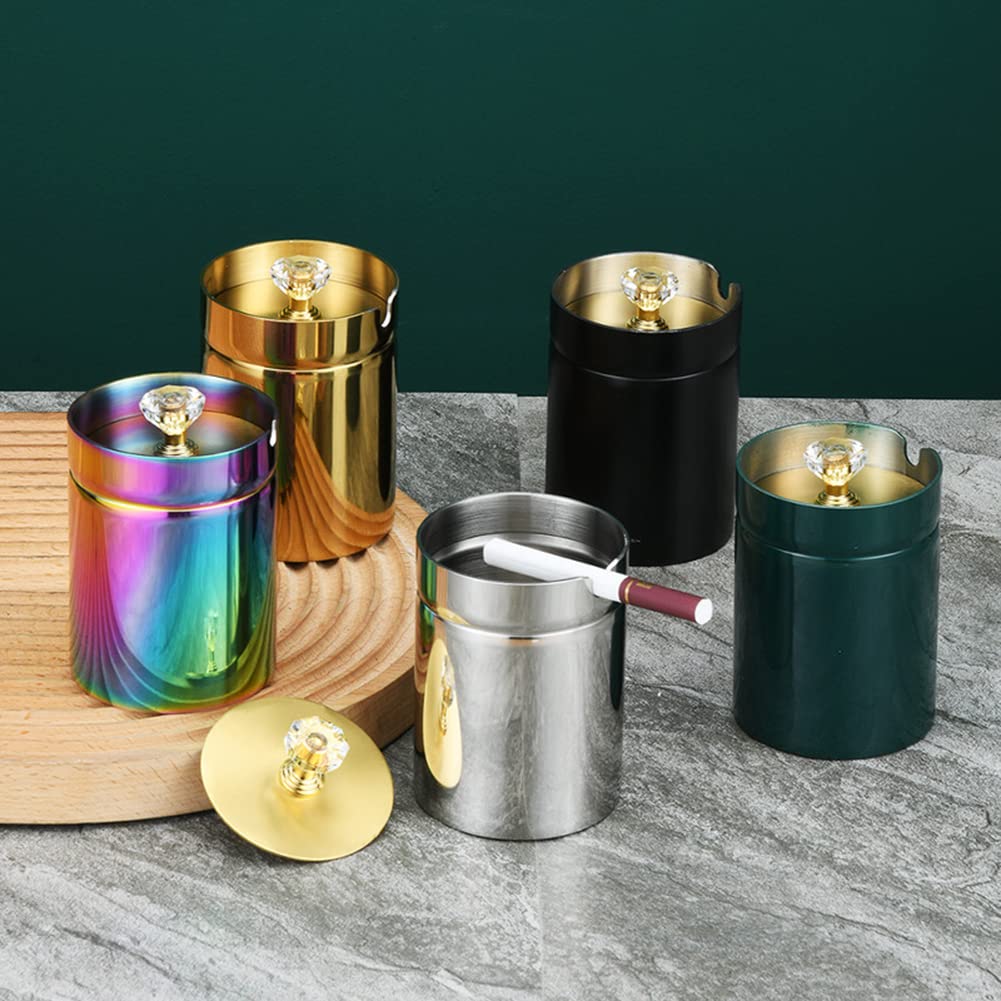 Portable Car Ashtray with Lid - Stainless Steel Smokeless Auto Ash Tray & Mini Trash Can | Detachable Diamond Cover Holder for Women | Perfect for Road Trips, Commuting & Smoking in Vehicle (Black)