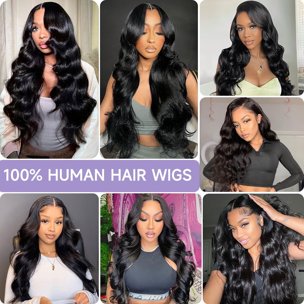 32 Inch Body Wave Lace Front Wigs Human Hair - Pre Plucked Bleached Knots 13x6 HD Lace Frontal - 200% Density Natural Black Wig for Women - Perfect for Daily Wear, Cosplay & Special Occasions