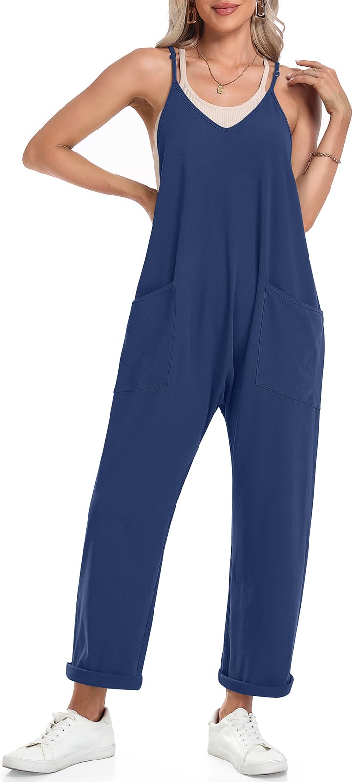 TARSE Women's Sleeveless Jumpsuit - V Neck Harem Romper with Adjustable Straps & Pockets, Stretchy Comfortable Overalls for Casual Wear, Summer Outfits, Beach Vacation, and Daily Fashion 2025