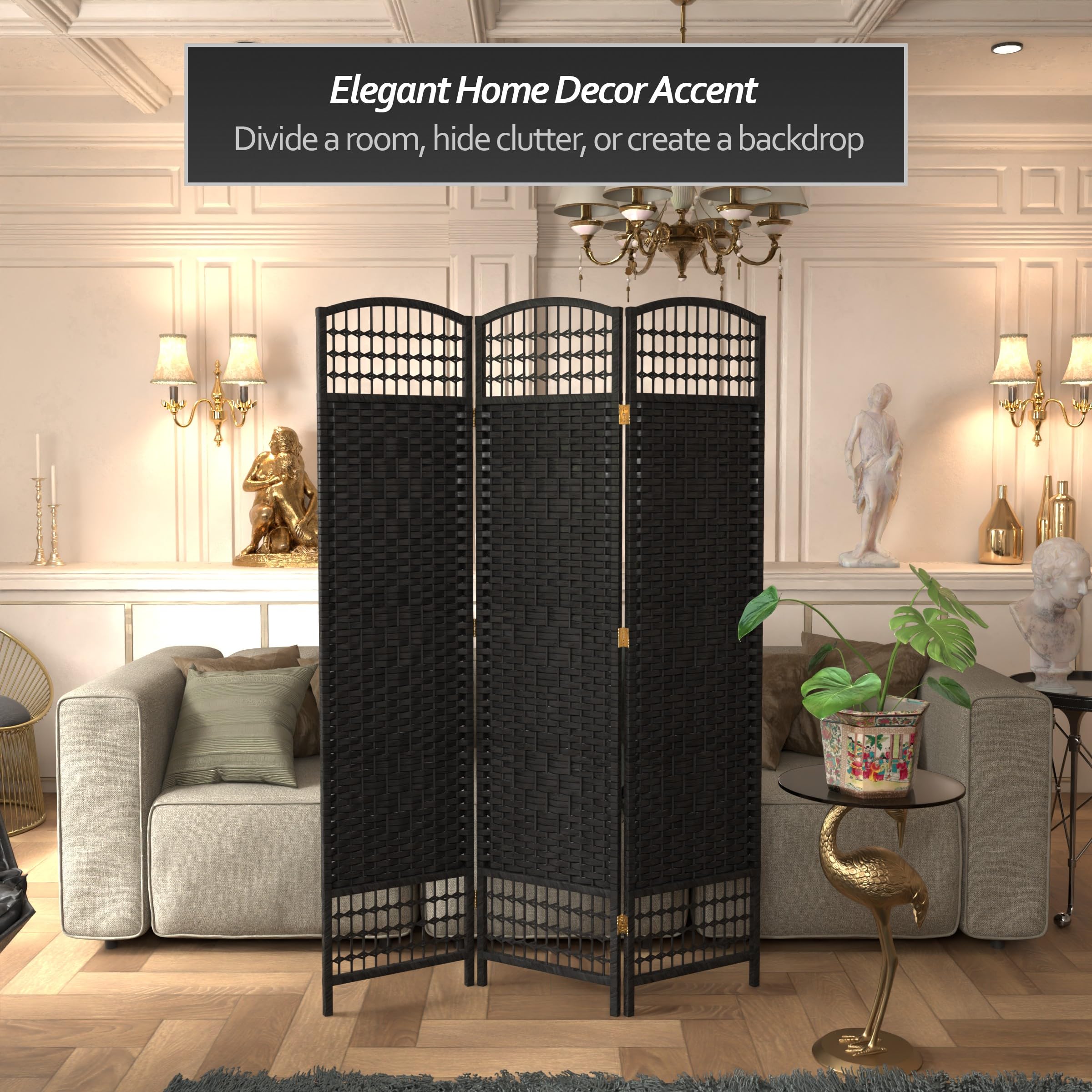 5.5 ft Tall Red Lantern Fiber Weave Black 3-Panel Room Divider - Asian Inspired Decorative Screen for Home, Office & Event Partitioning