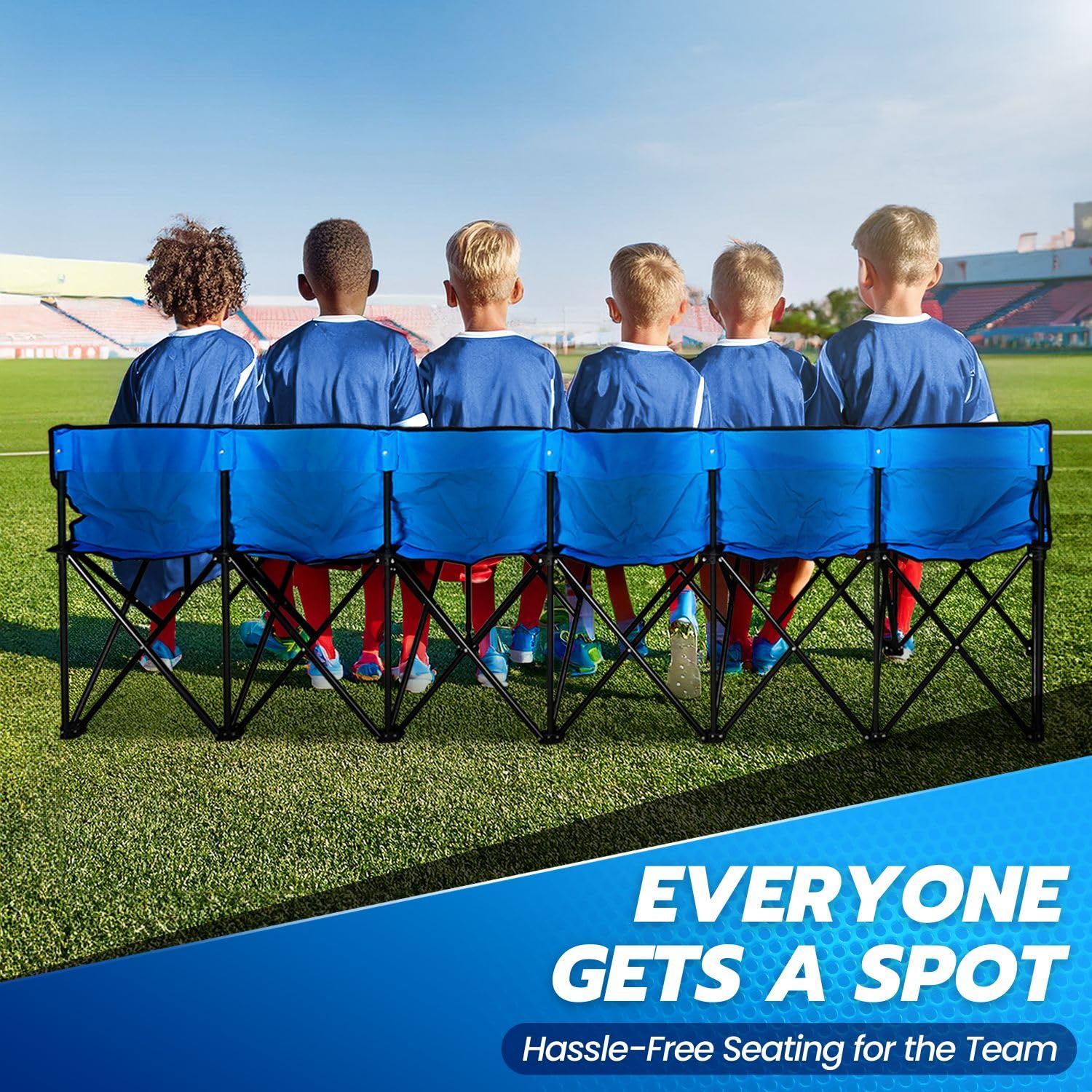 Flexzion Portable Folding Bench Seat - 6 Person Collapsible Soccer Bench with Backrest & Carry Bag - Perfect for Bleachers, Camping, Sports Sidelines, Outdoor Events & Picnics - Durable Blue Bench Seating Solution
