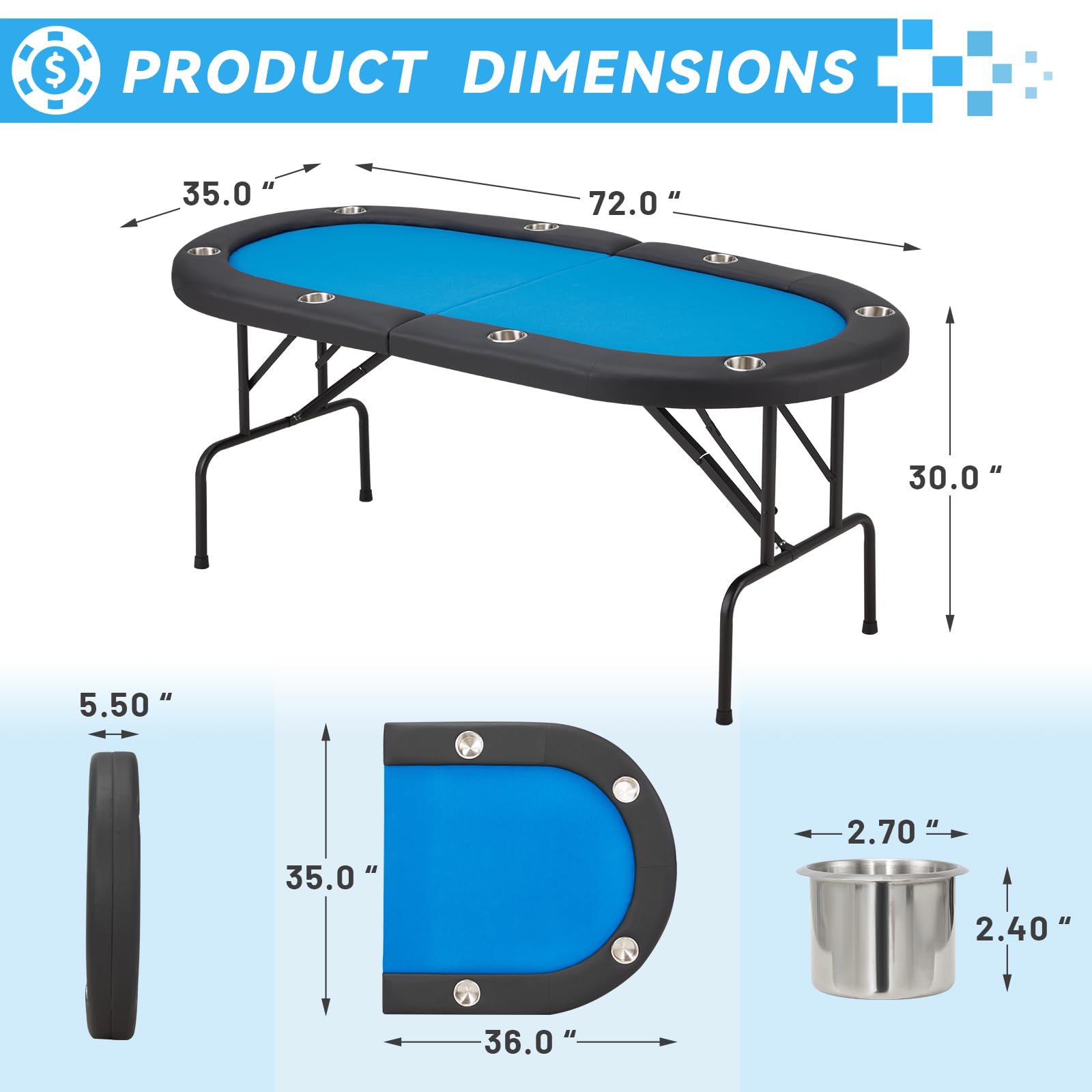 ECOTOUGE 8 Player Foldable Poker Table with Stainless Steel Cup Holders & Carry Bag - Portable Texas Holdem Poker Game Table for Casino Nights, Home Parties & Outdoor Events (Blue, No Assembly Required)