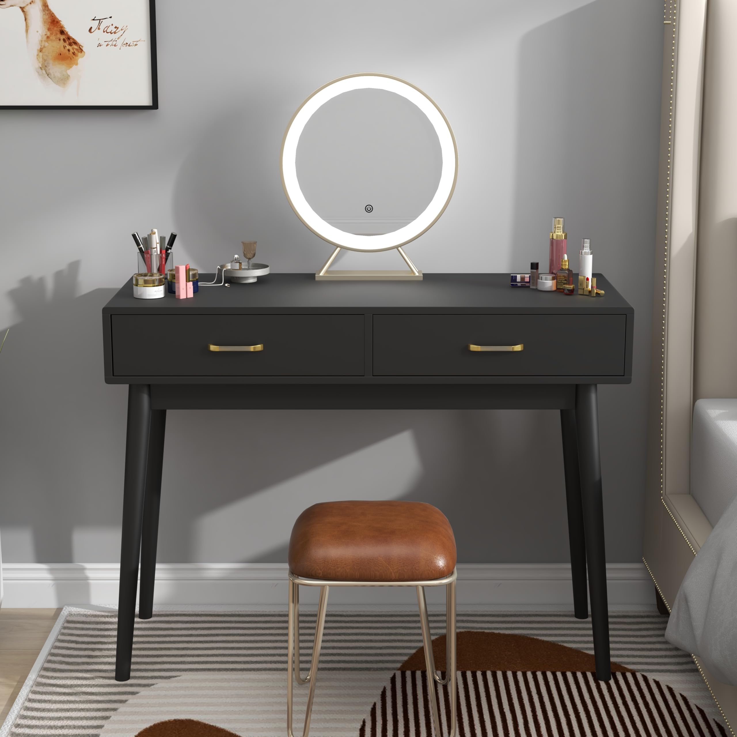 Modern Small White Desk with 2 Drawers - Compact Writing Desk for Small Spaces, Home Office & Study Desk, Laptop Computer Workstation, Bedroom Makeup Vanity Table (Black) | Perfect for Apartments, Dorms & Cozy Workspaces
