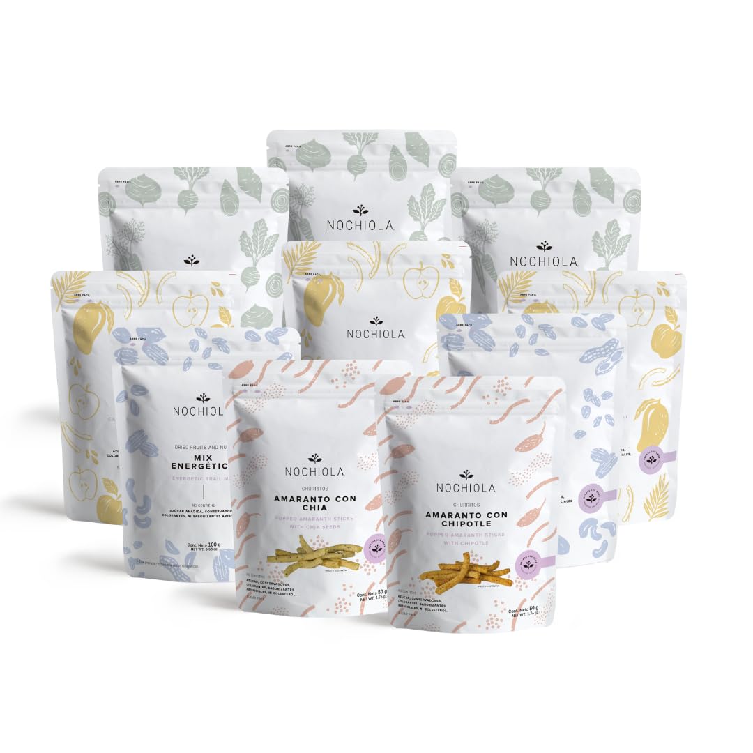 Nochiola Healthy Snacks Variety Pack - 10 Pack Vegan Mexican Snacks with Veggie Chips, Dried Fruits, Trail Mix & Amaranth Churritos | Gluten-Free, Non-GMO | Perfect for Office, School, Hiking & Road Trips