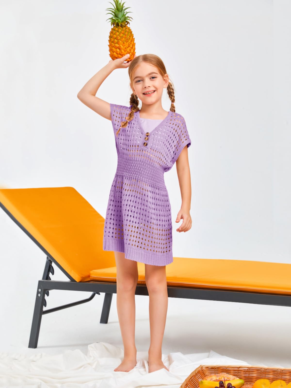 Haloumoning Girls Crochet Swim Cover Up - Beach Button Short Sleeve Coverup for Kids Age 5-14 - Perfect for Pool, Beach Vacation & Summer Outfits