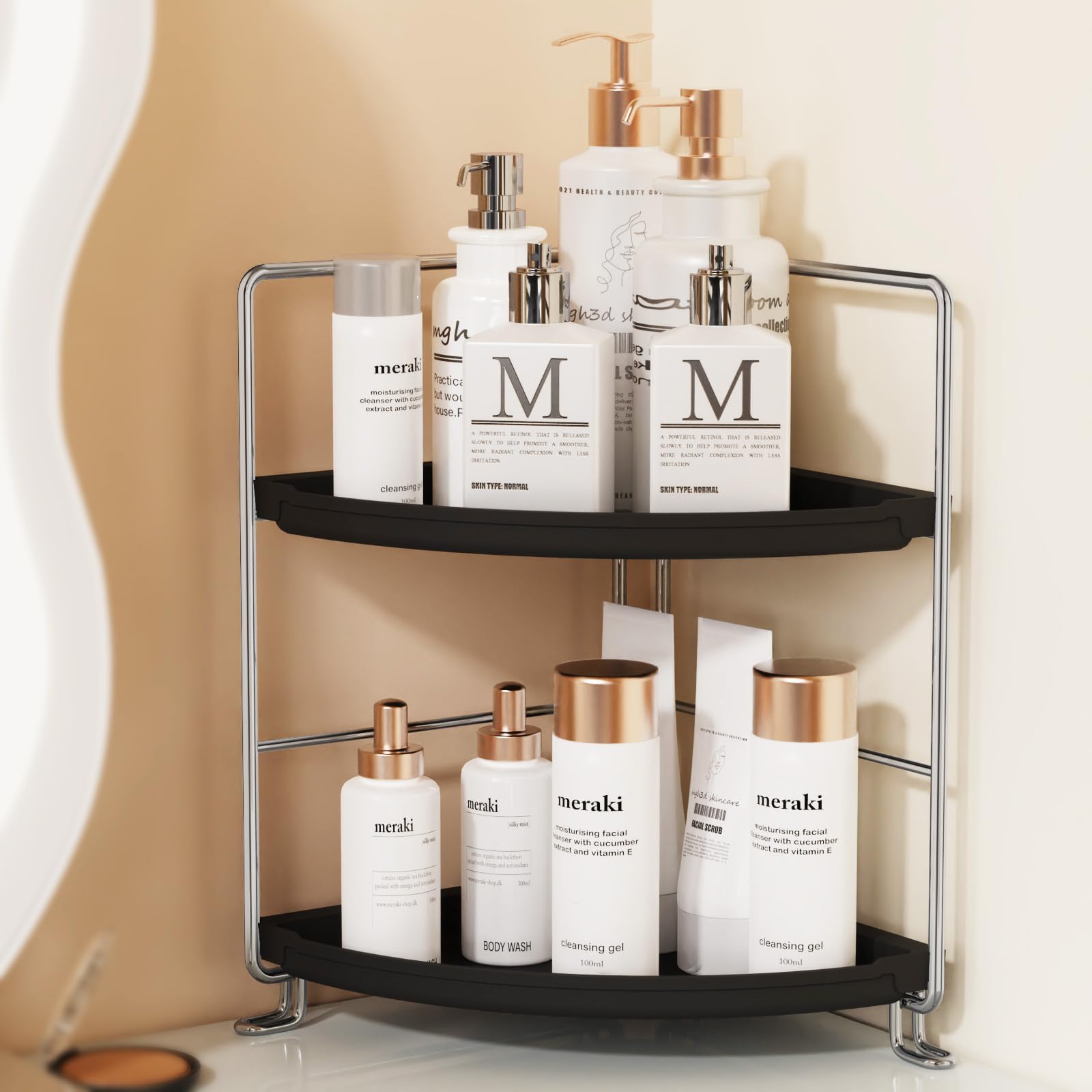 2-Tier Bathroom Organizer Countertop Corner Shelf - Chrome & Black Makeup Cosmetic Perfume Holder | Bedroom Vanity Storage or Kitchen Spice Rack | Perfect for Small Space Organization in Bathroom, Bedroom & Kitchen