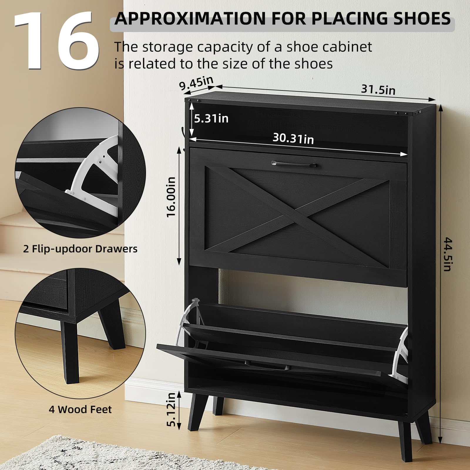 Farmhouse Shoe Storage Cabinet with 2 Flip Drawers - Narrow Entryway Organizer with Wooden Legs & Open Storage - Free Standing Closet for Foyer, Hallway, Bedroom - Perfect for Small Spaces & Home Organization (Black)