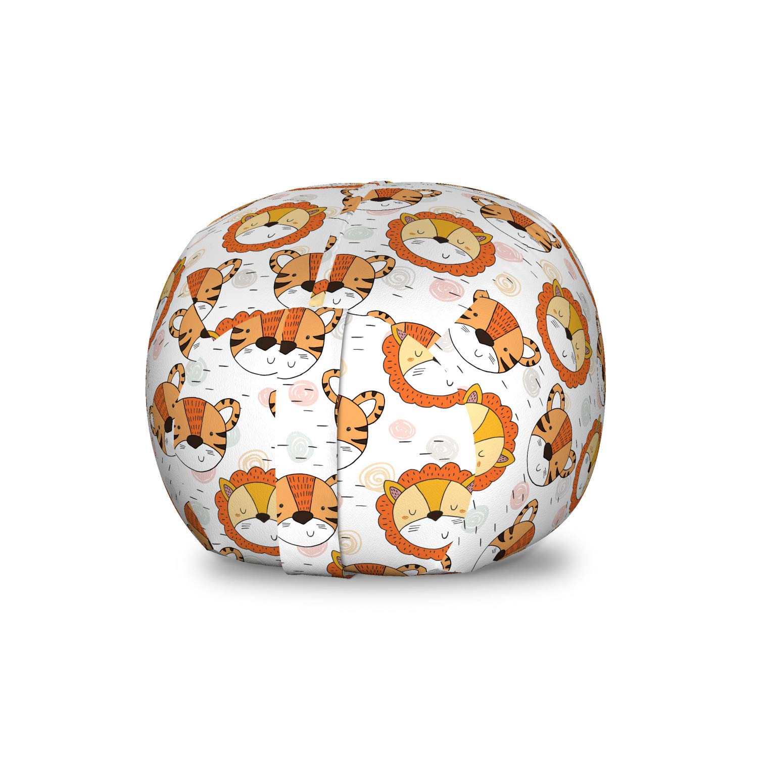 Ambesonne Cartoon Toy Storage Bag Chair - Tiger & Lion Pattern, Funny Zoo Animal Print, Washable Stuffed Animal Organizer for Kids Room, Small Multicolor - Perfect for Playroom, Bedroom & Nursery Organization