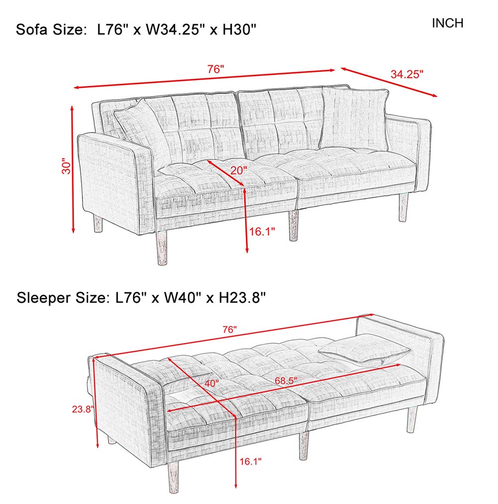 Modern Convertible Futon Sofa Bed with Armrests & 2 Pillows - Twin Size Sleeper Sofa for Living Room, Guest Room & Small Spaces - 5 Solid Wood Legs, Handpicked Yellow Fabric - Perfect for Apartments, Dorms & Home Offices
