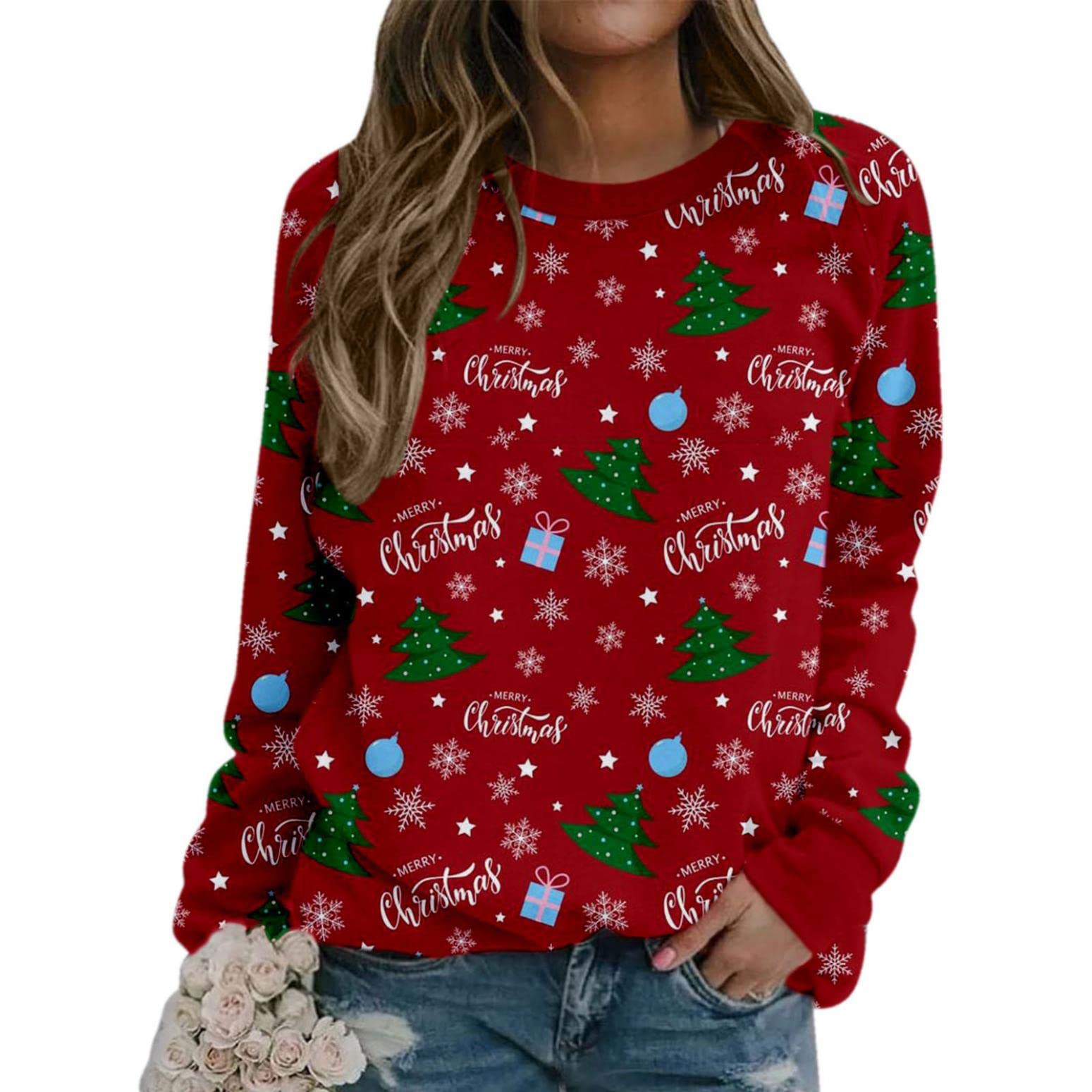 Festive Women's Christmas Long Sleeve Tops - Cute Printed Crew Neck Sweatshirts for Holiday Parties & Family Gatherings