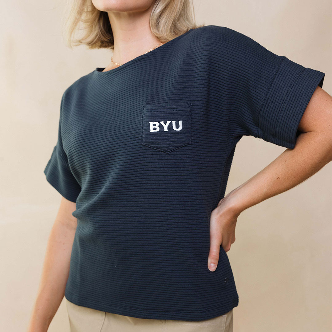 BYU Atlas Ribbed Blouse for Women - Navy Blue Stretch Knit Top - Perfect for Office Wear, Casual Outfits & Date Nights