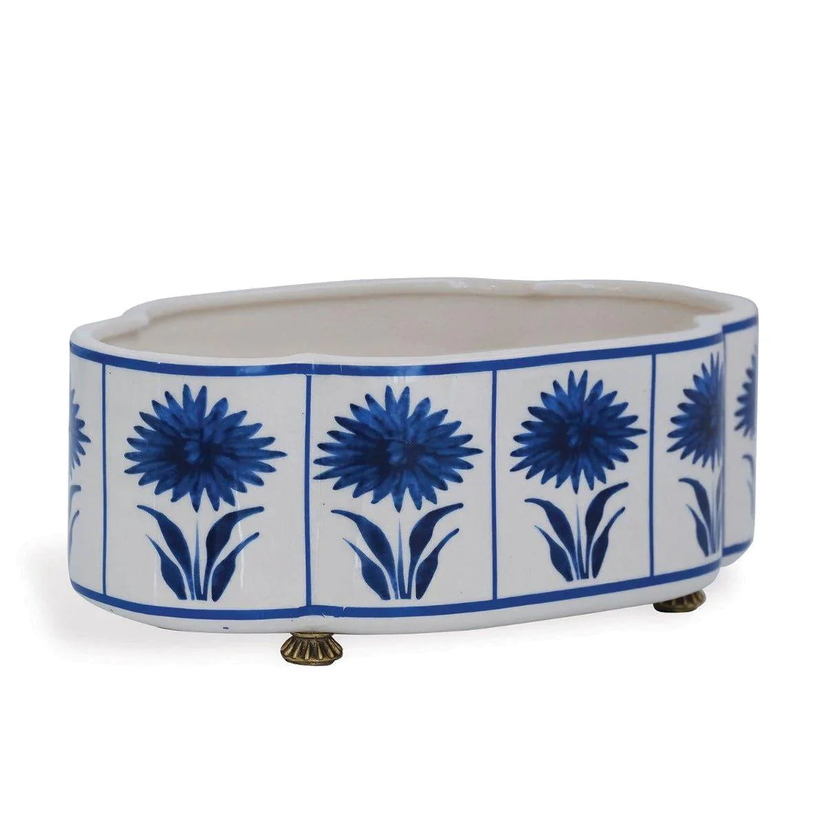 Blue and White Scallop Planter with Aster Floral Design & Brass Feet - Elegant Flower Pot for Home Decor, Indoor Plants, and Garden Display