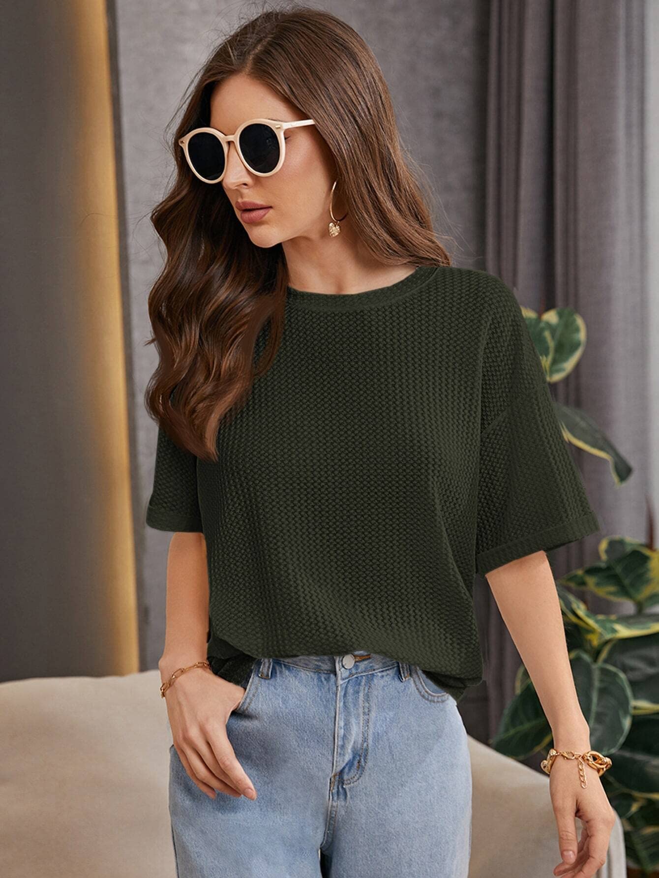 BENIN Women's Drop Shoulder Waffle Knit Tee - Summer Short Sleeve Casual T-Shirt | Perfect for Beach Outings, Weekend Wear & Layering