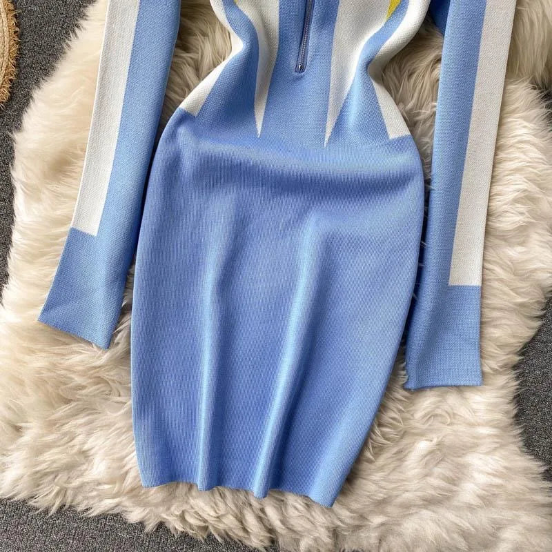 Women's Geometric Knit Bodycon Dress with Zipper Collar | Autumn Winter Fashion Streetwear | Perfect for Office Wear, Date Night & Holiday Parties