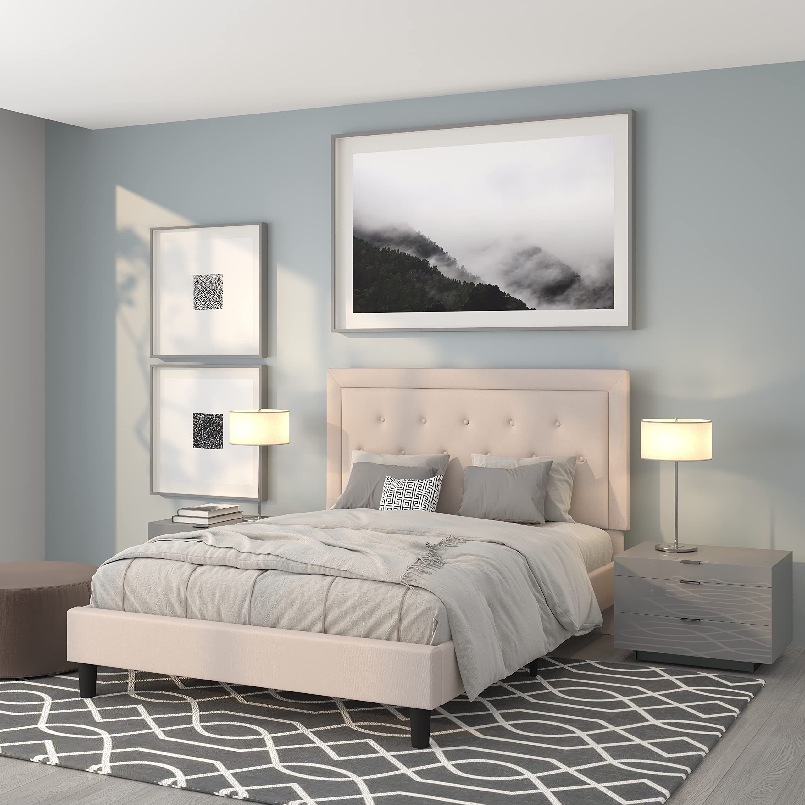 Flash Furniture Roxbury Queen Size Tufted Upholstered Platform Bed in Beige Fabric - Modern Bedroom Furniture for Cozy Home Decor & Small Space Living