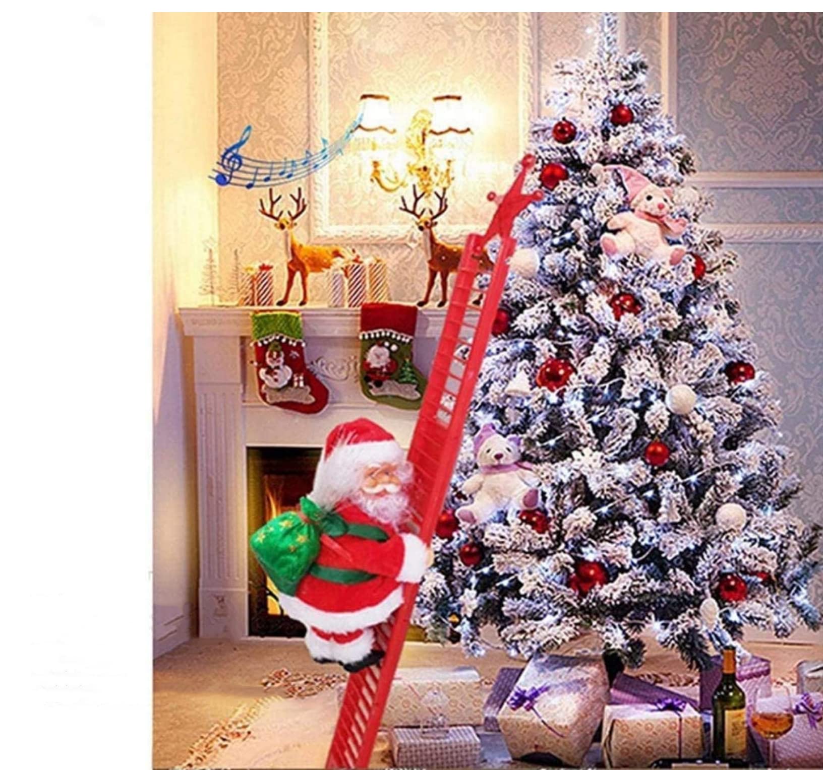 Electric Climbing Santa on Ladder - Musical LED Christmas Tree Decoration, Plush Santa Doll Toy for Xmas Home Decor | Perfect for Tree Hanging, Door & Wall Decoration During Holiday Season