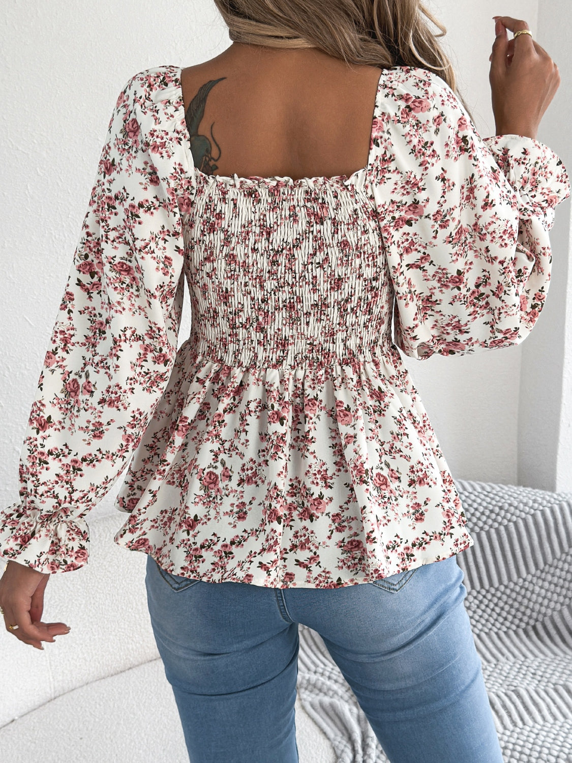 Floral Square Neck Flounce Sleeve Blouse for Women | Elegant Spring Summer Tops | Perfect for Office, Date Night & Special Occasions