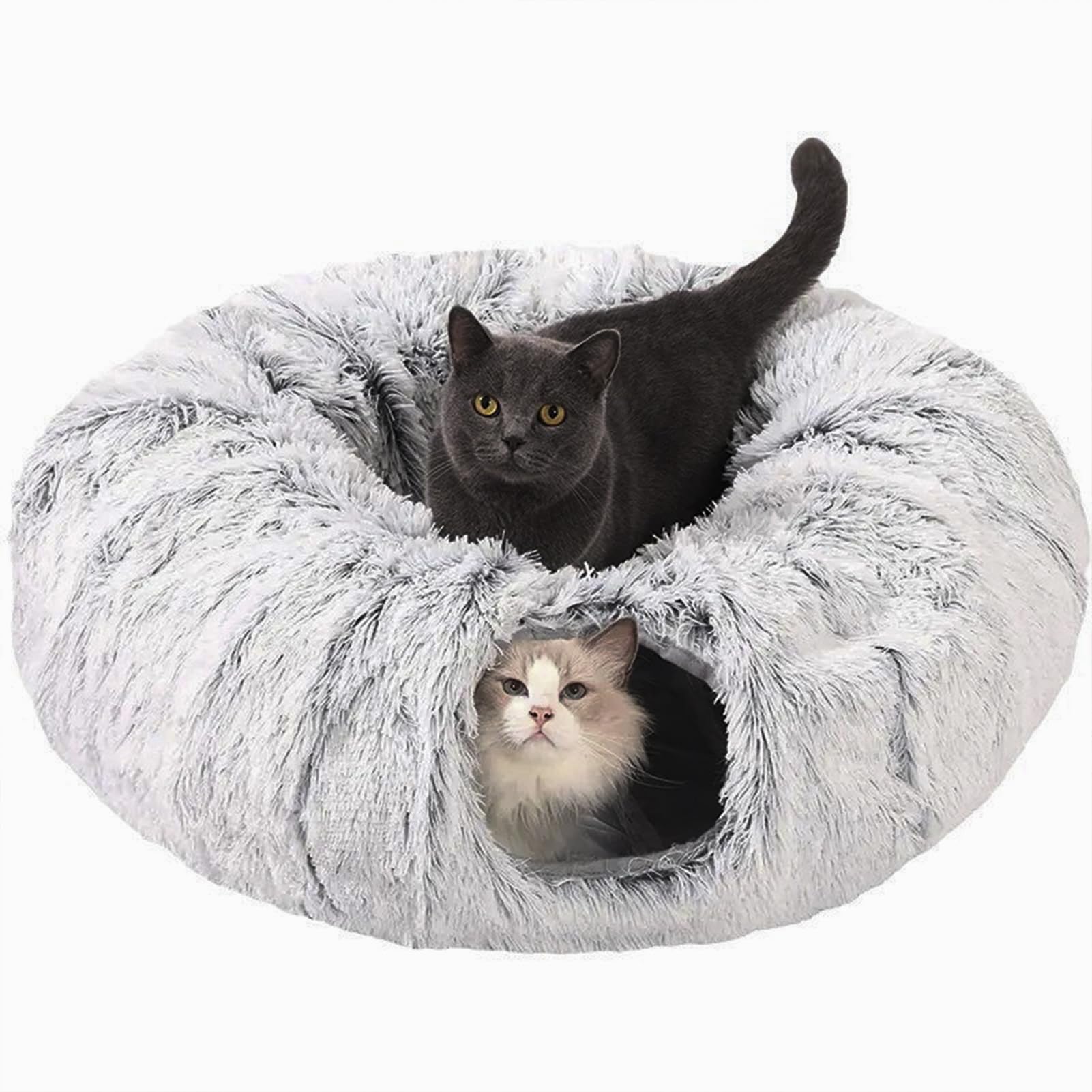 CLKHOWL Washable Cat Tunnel Bed for Indoor Cats - Soft Donut-Shaped Pet Play Toy with Removable Cushion for Kittens, Puppies & Rabbits | Grey Cozy Hideaway for Playtime & Nap Time