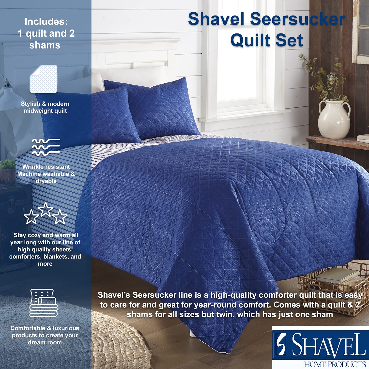 Shavel Home Products Seersucker 6-in-1 Reversible Quilt Set - King Size, Modern Bedspread with Matching Pillow Shams - Soft & Breathable for All Seasons - Perfect for Master Bedroom, Guest Room, and Dorm Decor