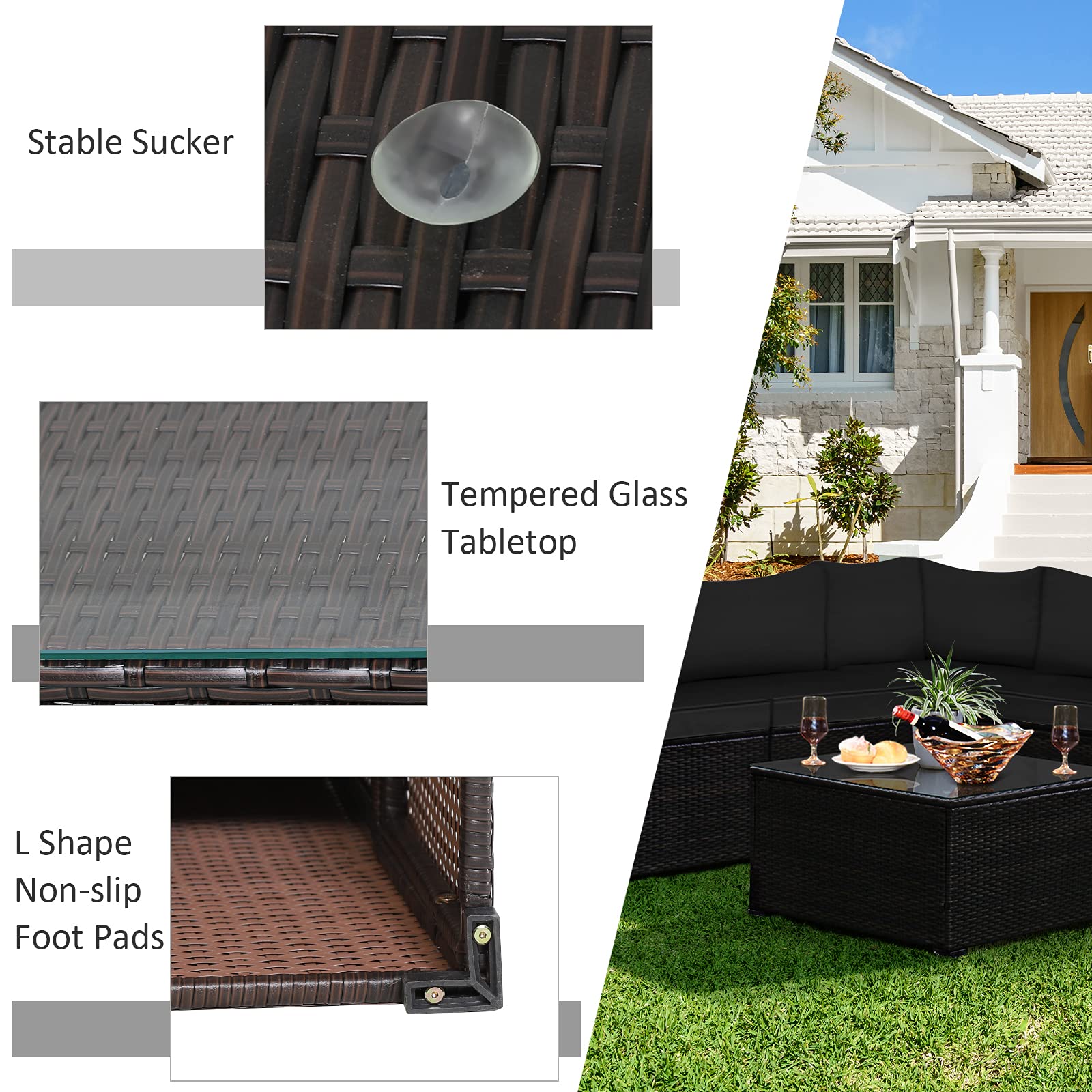Tangkula 6-Piece Outdoor Patio Furniture Set - All-Weather Wicker Rattan Sectional Sofa with Tempered Glass Coffee Table & Cushions - Perfect for Backyard, Garden, Balcony, Poolside Relaxation (Black) | Ideal for Outdoor Entertaining, Lounging, and Family Gatherings