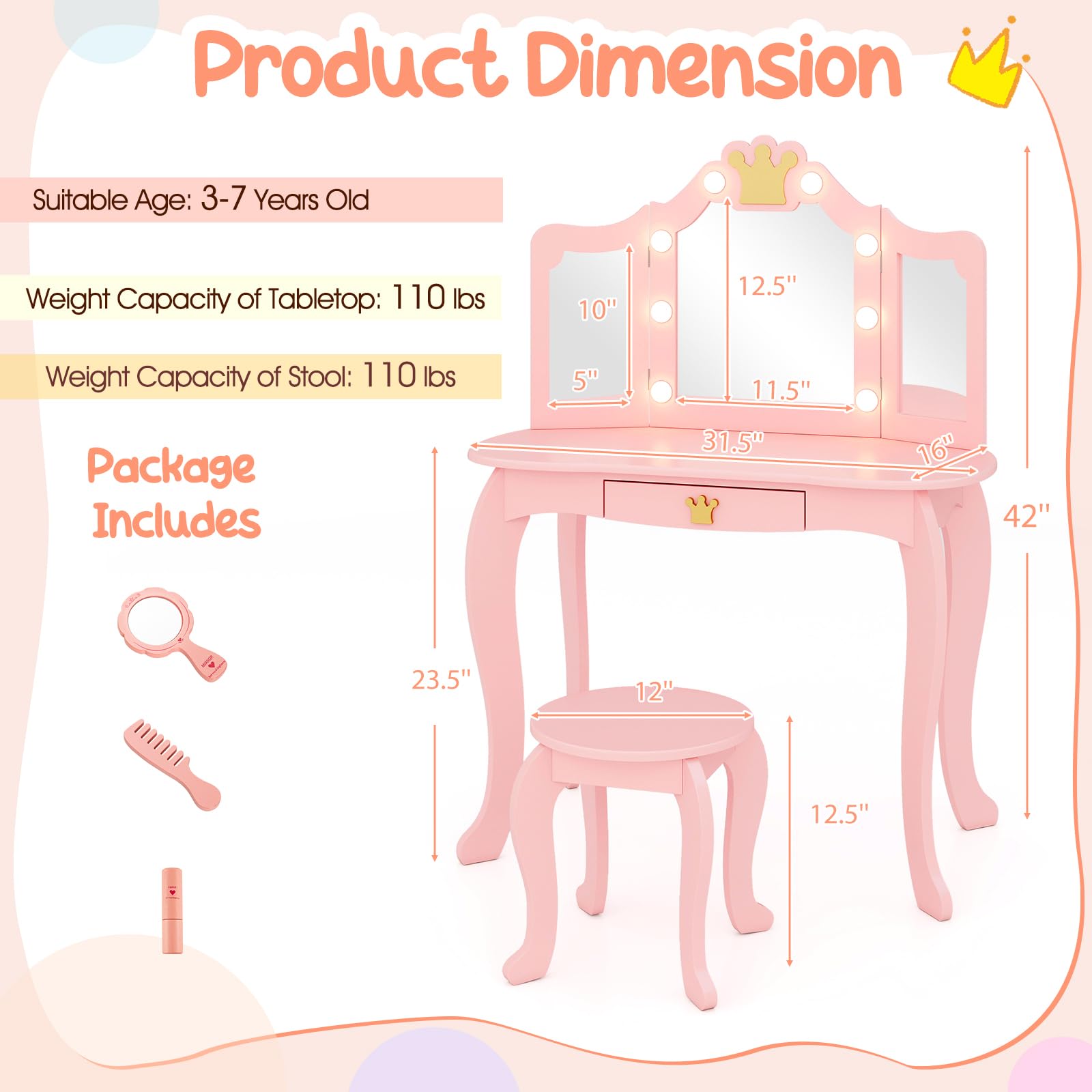 Costzon Kids Vanity Set with LED Lights & Stool - Pink Princess Makeup Dressing Table with Mirror, Drawers & Chair for Girls - Toddler Pretend Play, Birthday Gift & Bedroom Decor (Pink)