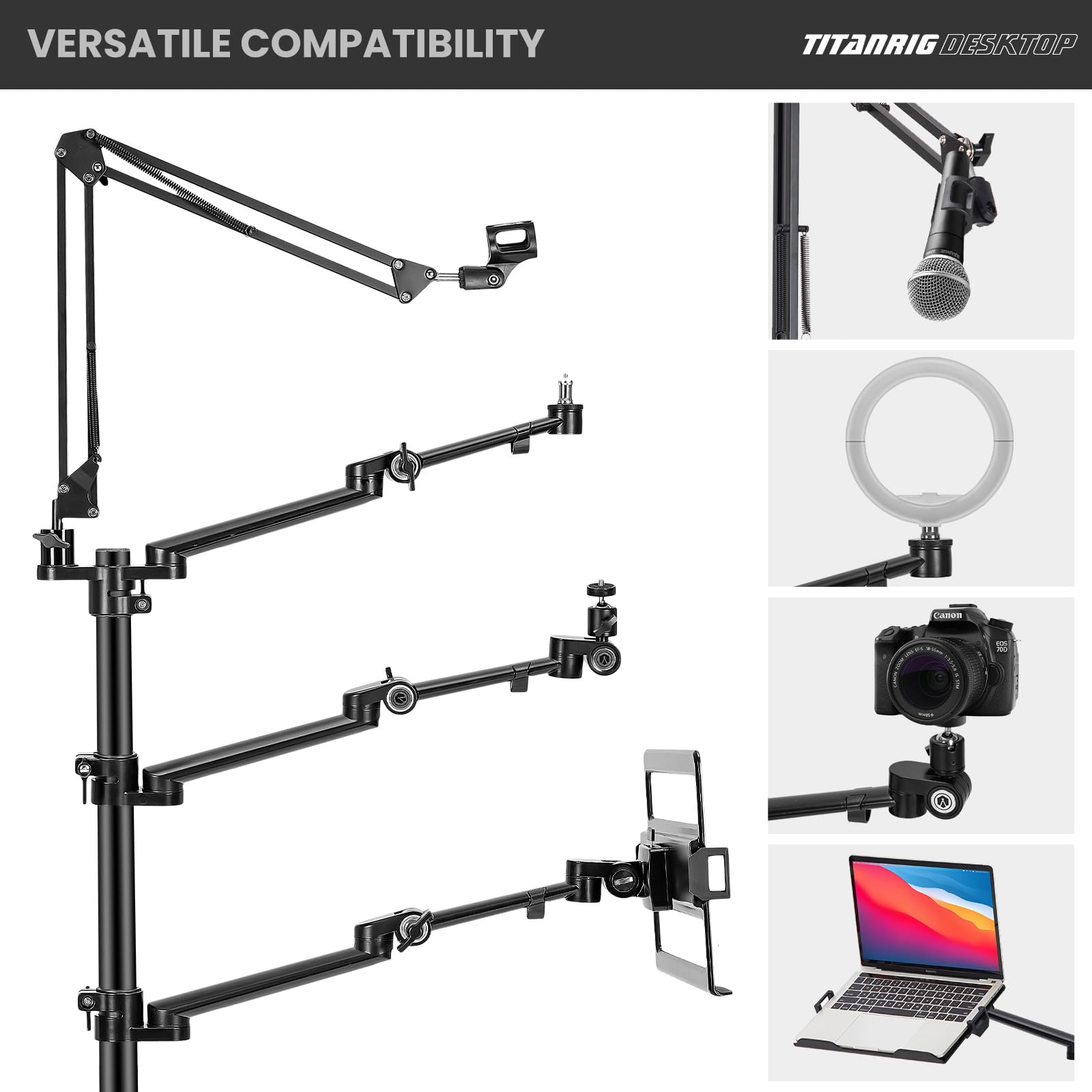 TARION 4-in-1 Adjustable Overhead Camera Arm Mount for Streaming - Desk Stand with Mic Boom & 3 Articulating Arms for DSLR Camera, Ring Light, Monitor & Laptop - Perfect for Live Streaming, YouTube Videos & Home Office Setup