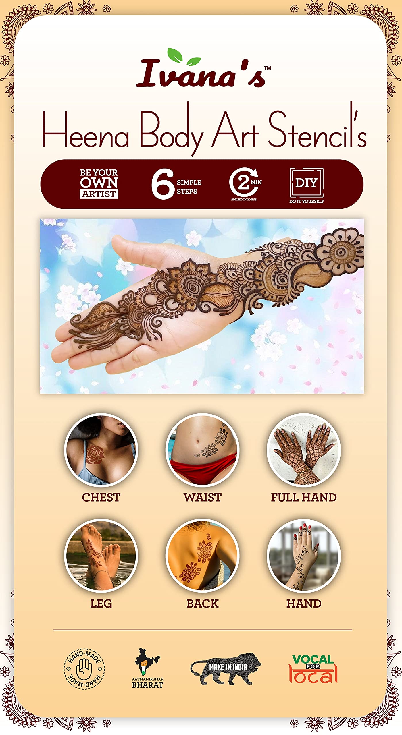 Premium DIY Henna Tattoo Stencil Kit - Full Back Design Temporary Tattoos for Women, Girls & Kids | Beautiful Mehndi Patterns for Parties, Weddings & Festivals | PRB-05