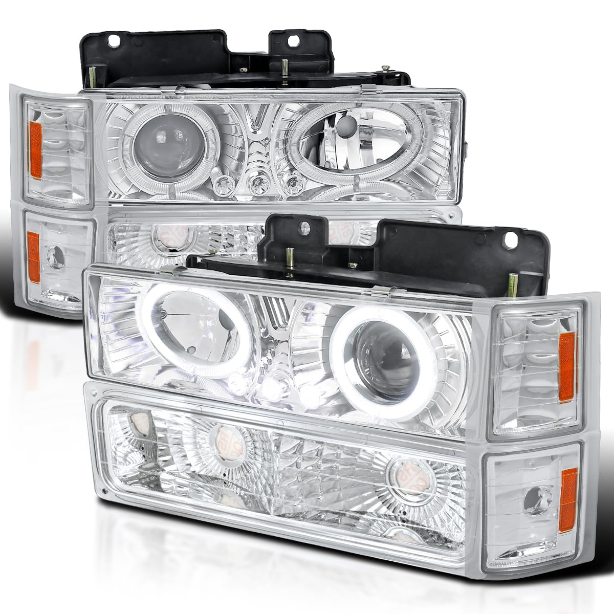 Spec-D Tuning LED Halo Projector Headlights with Bumper & Corner Lights - Compatible with 1994-1998 Chevy C10 C/K 1500/2500/3500, Tahoe Suburban - Left & Right Headlamp Assembly - Upgrade for Night Driving & Off-Road Adventures