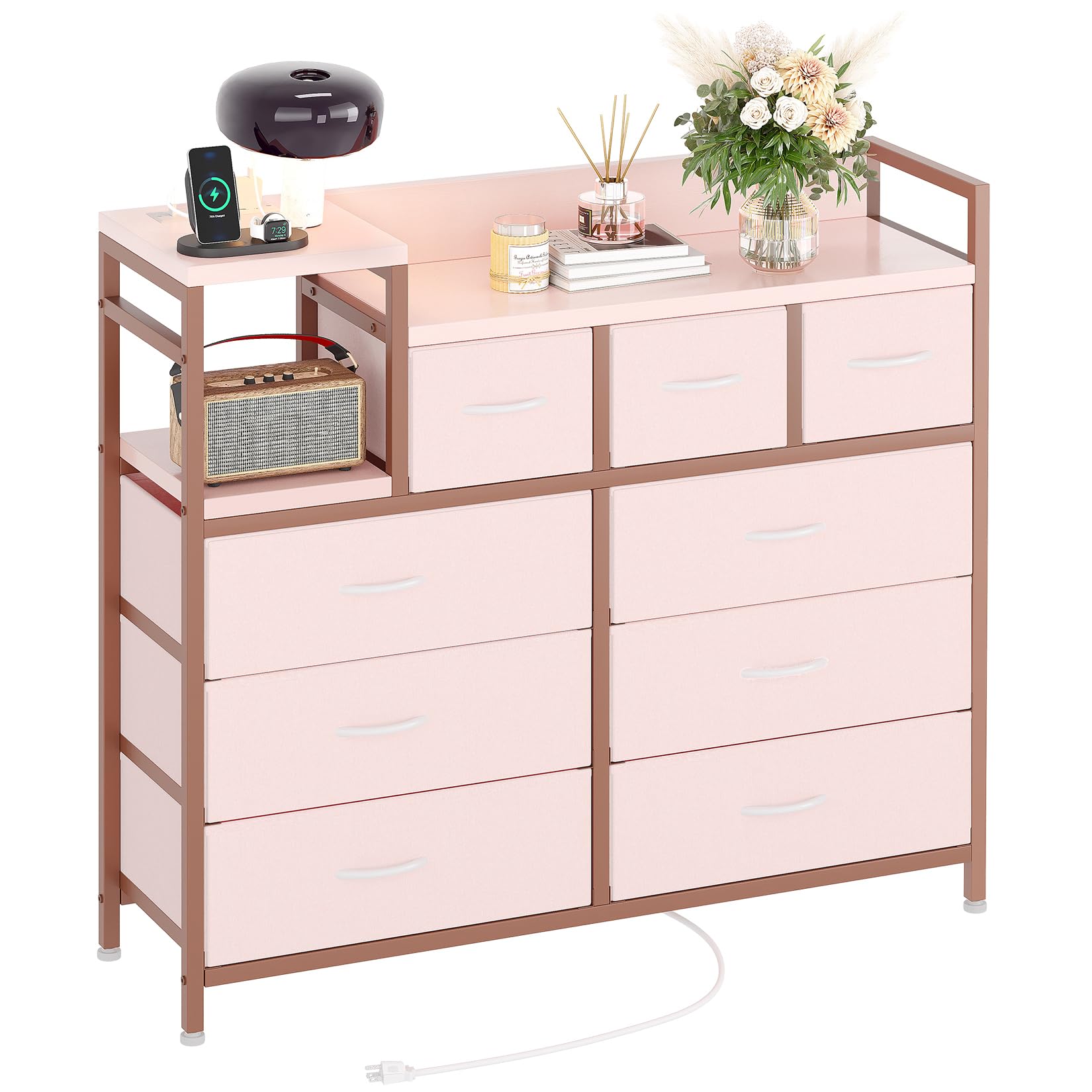 Jojoka TV Stand with Charging Station - 9-Drawer Modern Dresser for Bedroom & Living Room - Pink Entertainment Center for TV, Gaming Console & Media Storage