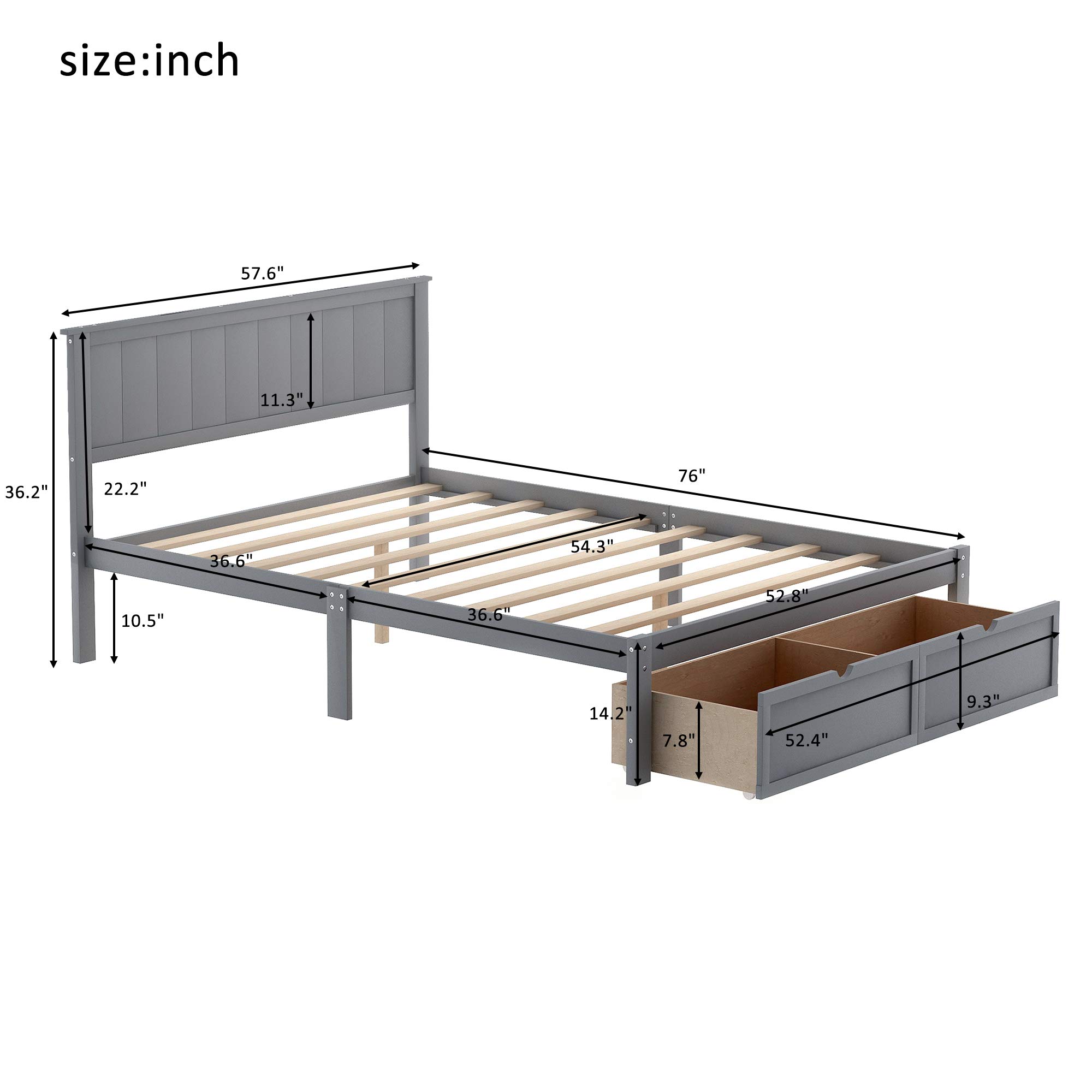 Rhomtree Wood Bed Frame with Storage Drawers - Full Size Platform Bed for Small Spaces