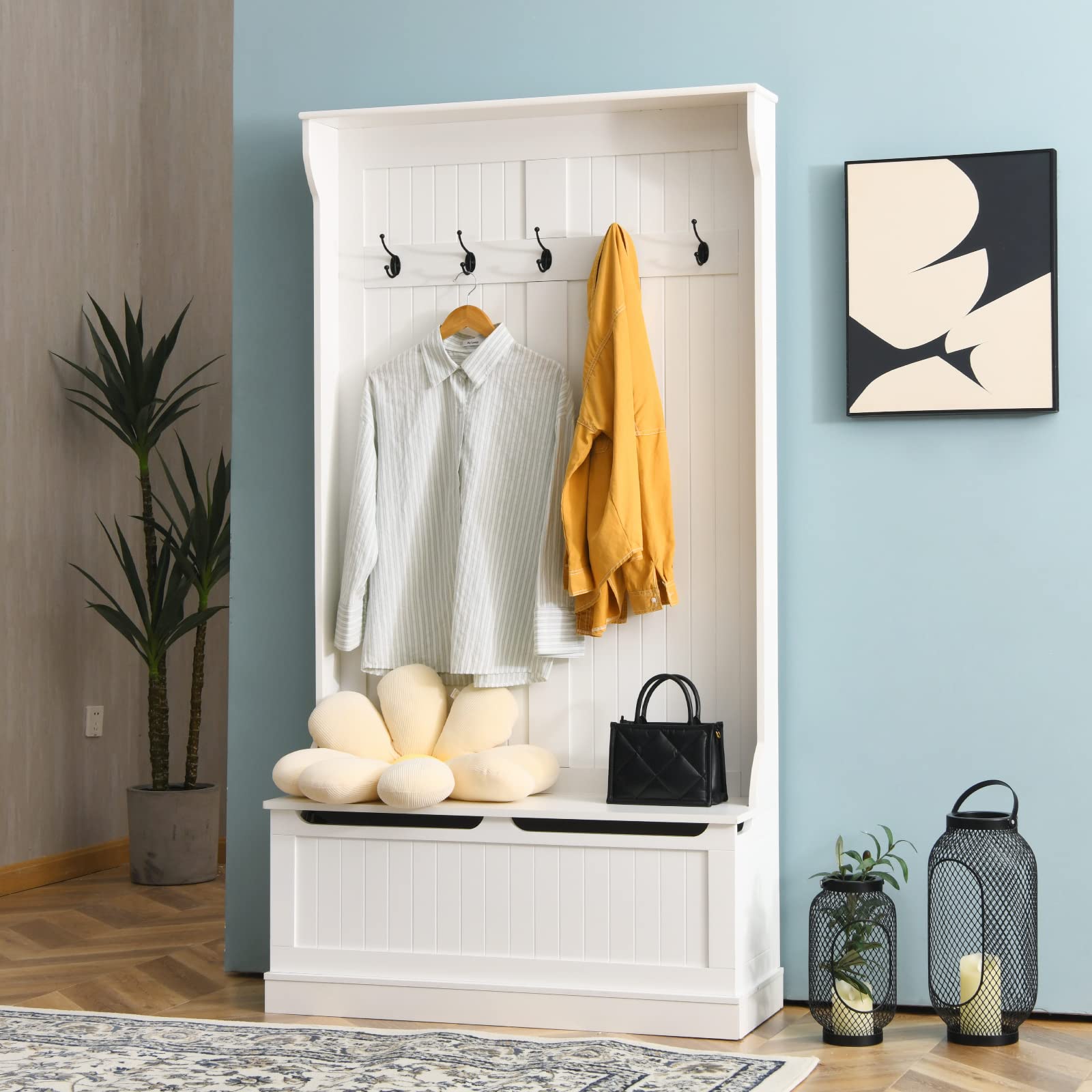 Tangkula 3-in-1 Entryway Storage Bench with Coat Rack - Wooden Hall Tree Bench with 5 Double Hooks, Anti-Tip Safety Strip & Under Seat Storage Organizer - Perfect for Entryway, Hallway, Bedroom or Mudroom Organization (White)
