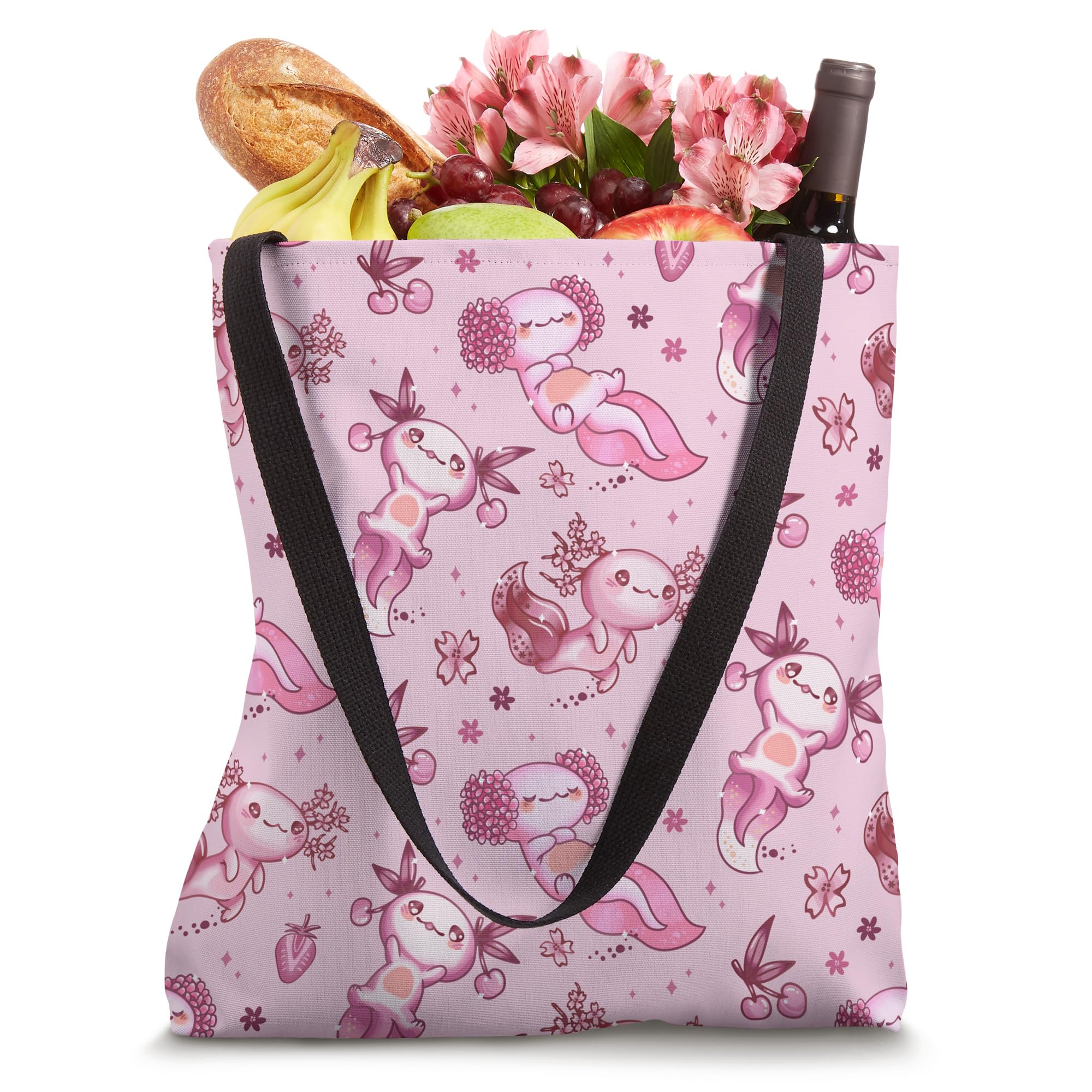 Adorable Kawaii Axolotl Print Tote Bag with Strawberry & Cherry Design - Perfect for School, Shopping, and Beach Outings