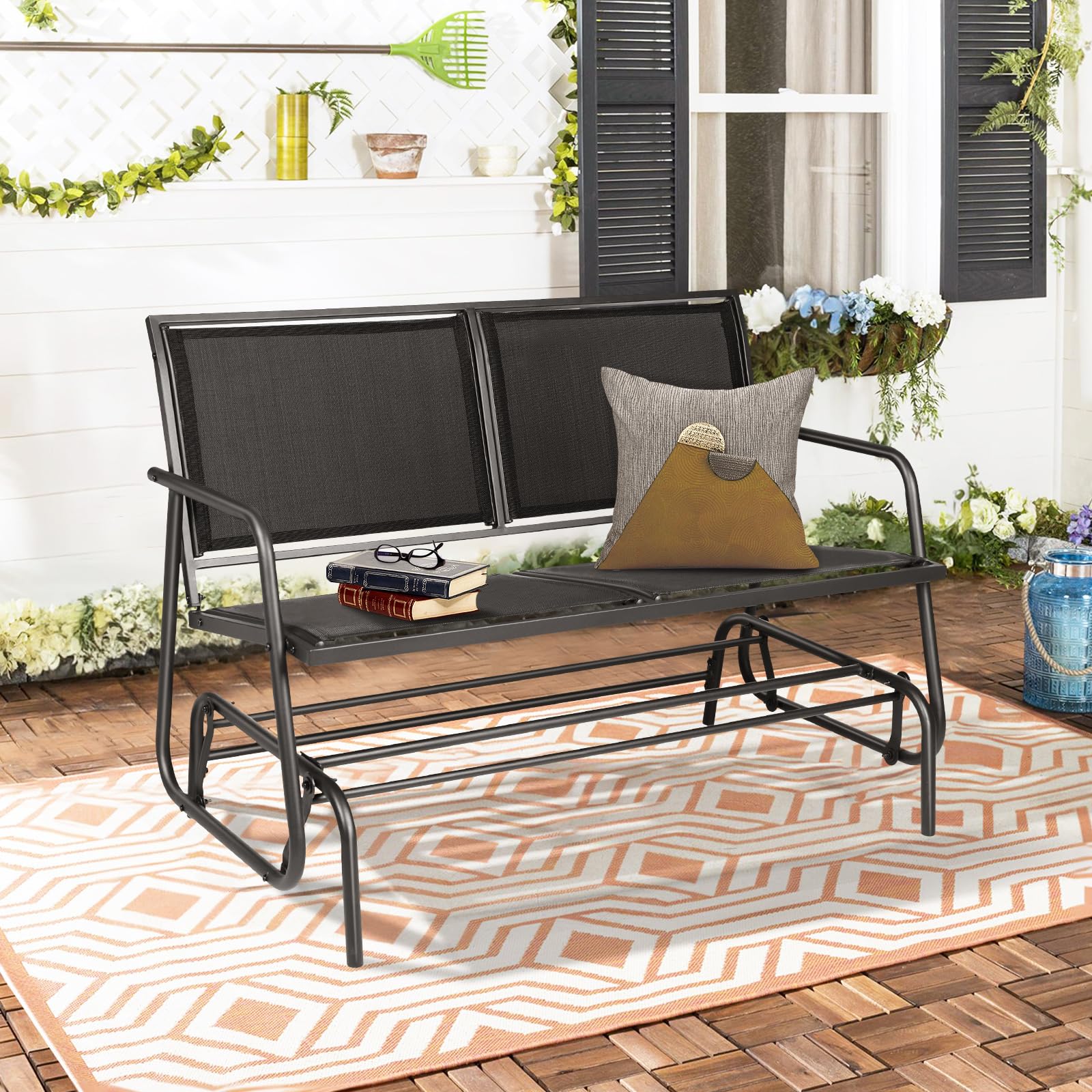 **SUNCROWN Outdoor 2-Person Glider Bench - Patio Swing Rocking Chair with Powder Coated Steel Frame & Textilene Fabric - Perfect for Backyard, Garden, Porch, Deck (Black) - Ideal for Relaxing, Lounging & Enjoying Outdoor Breezes**