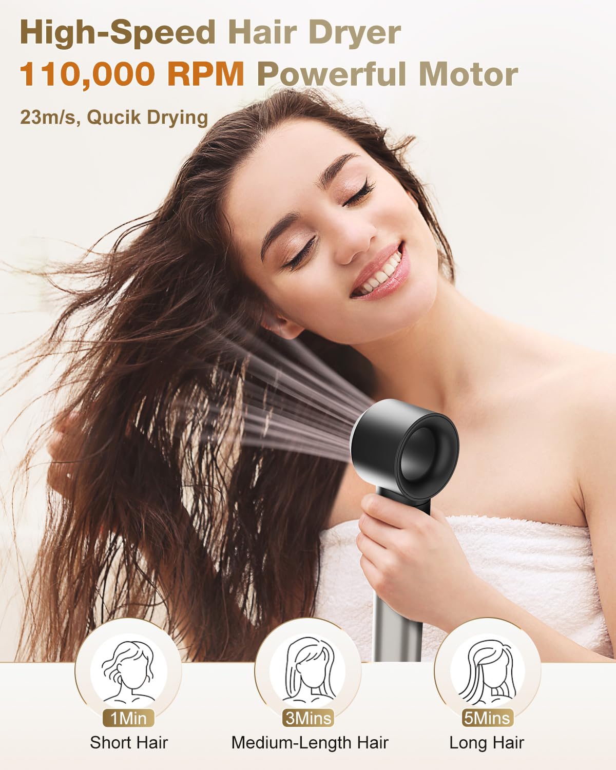 7MAGIC 1200W Ionic Hair Dryer Brush & 6-in-1 Styler - Silver (110V) for Fast Drying, Straight, Wavy, Curly & Coily Hair - Perfect for Home, Salon & Travel Use