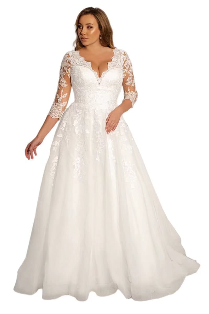 Elegant TRHTX V-Neck Lace Wedding Dress for Bride - 3/4 Sleeve A-Line Tulle Bridal Gown for Church, Beach or Garden Ceremony