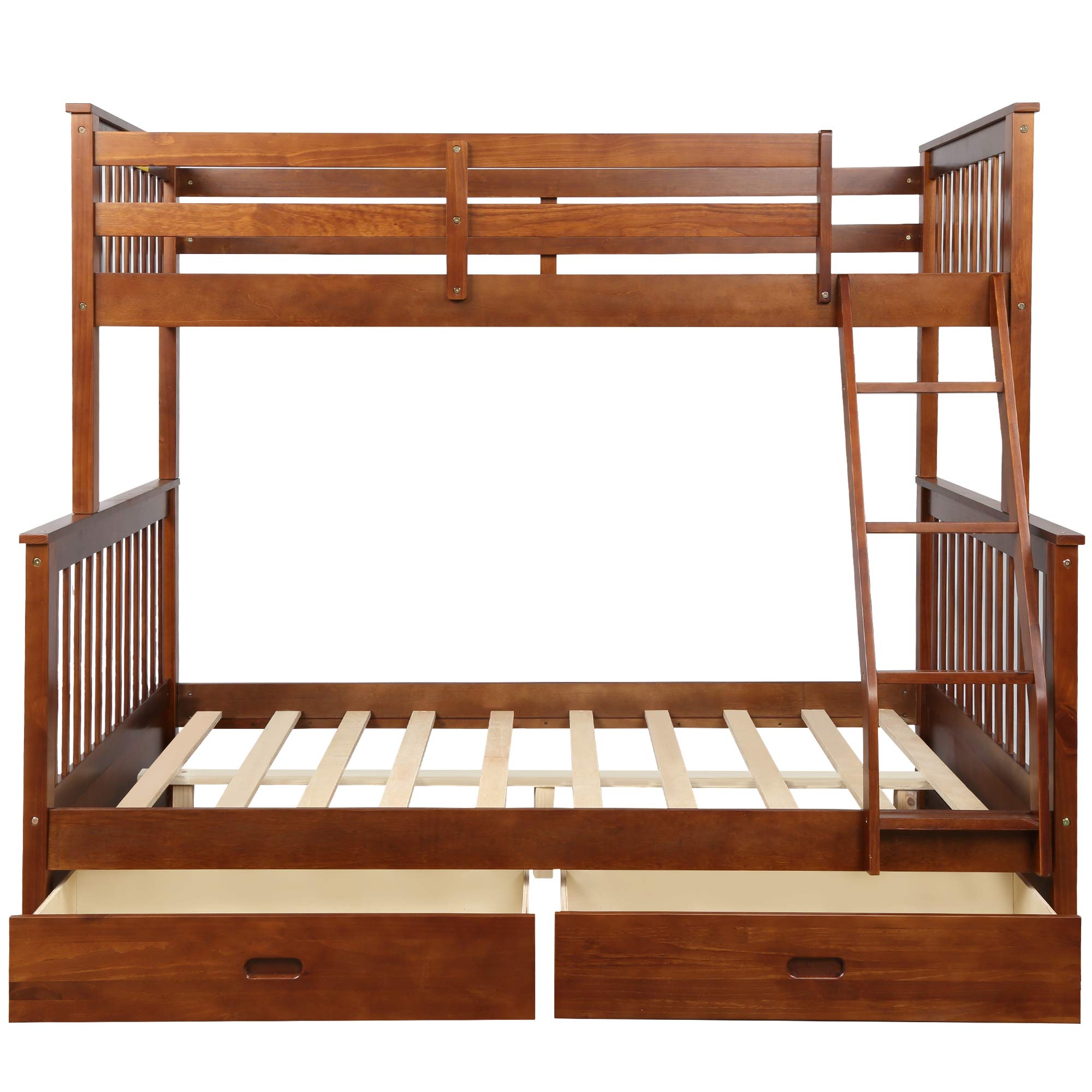 Solid Wood Twin Over Full Bunk Bed Frame with Ladders & 2 Storage Drawers - Convertible to 2 Separate Platform Beds for Kids, Teens & Adults (Walnut Finish) - Perfect for Small Bedrooms, Guest Rooms & Vacation Homes